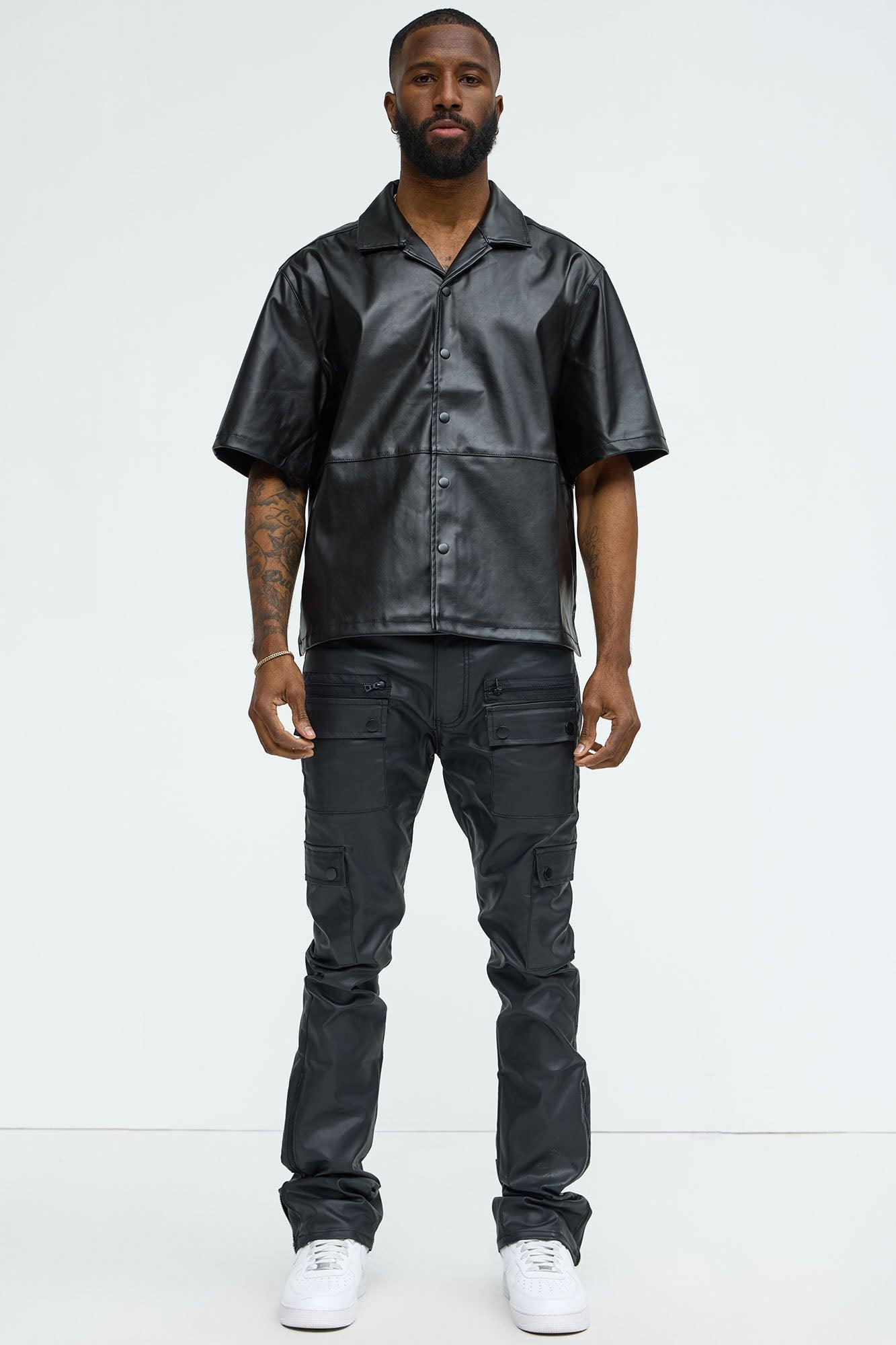 Slam Dunk Faux Leather Short Sleeve Button Up - Black Product Image
