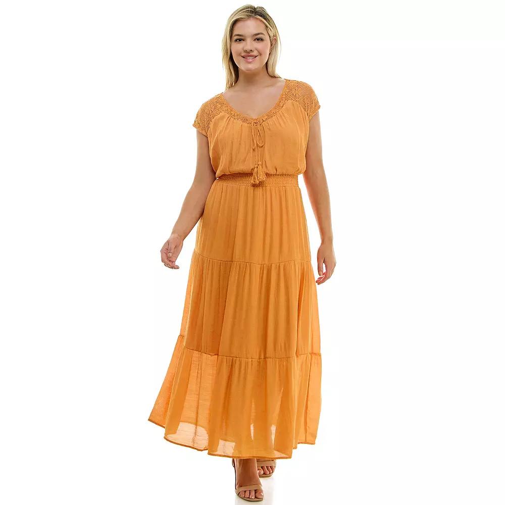 Plus Size Luxology Crochet Shoulder Gauze Maxi Dress, Women's, Size: 1XL, Orange Glow Product Image