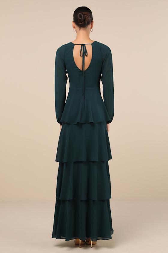 Flawless Excellence Emerald Tiered Long Sleeve Maxi Dress Product Image