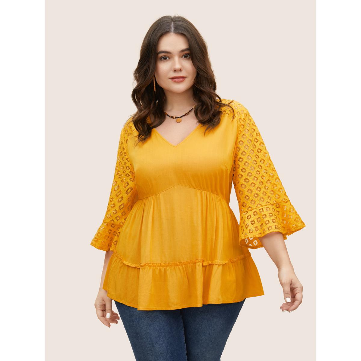 Plus Size Turmeric Solid Patchwork Ruffles Raglan Sleeve Blouse Women Resort Elbow-length sleeve V-neck Vacation Blouses BloomChic 12/L Product Image