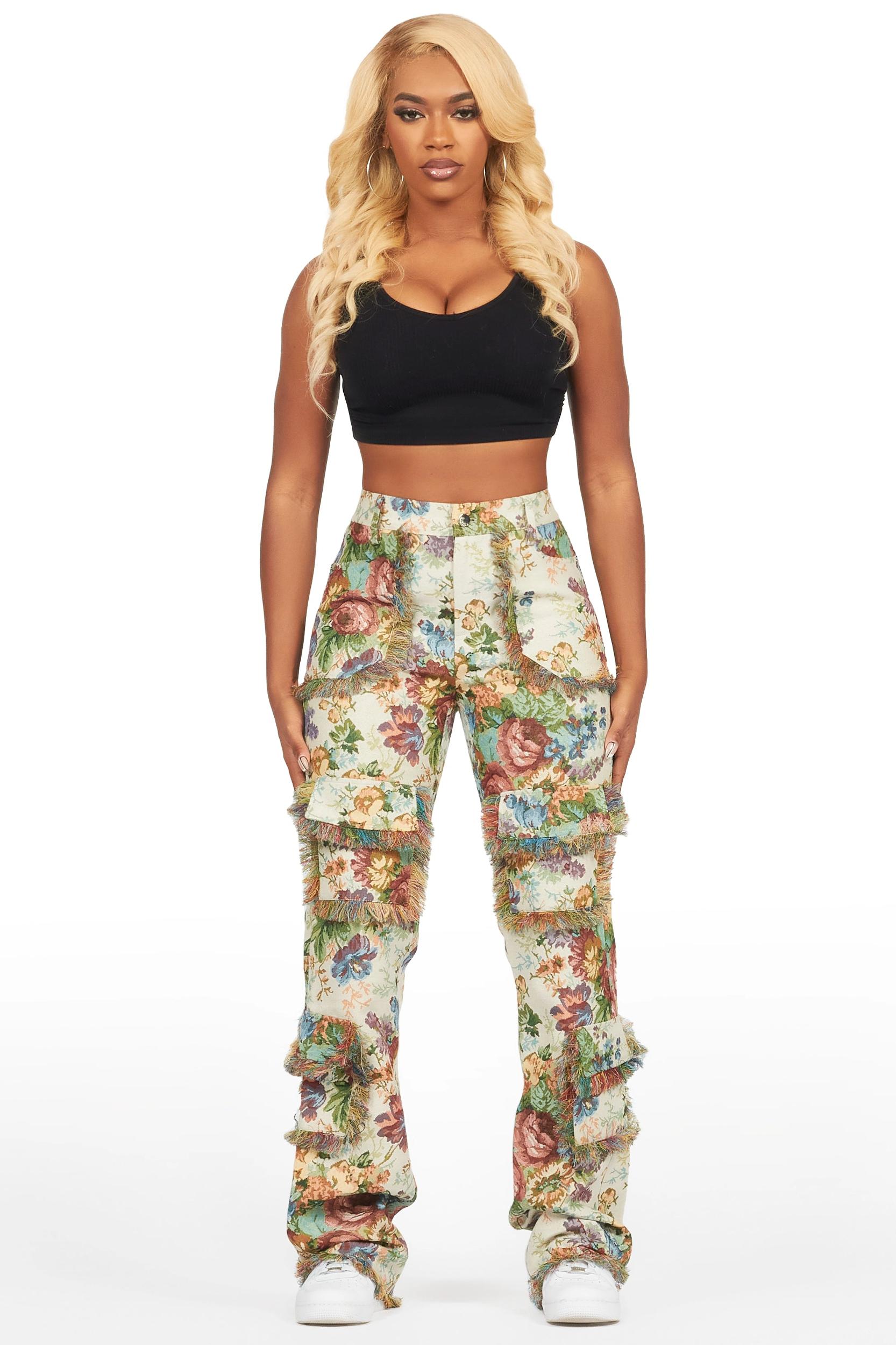 Makayla Beige Cargo Tapestry Stacked Pant Female Product Image