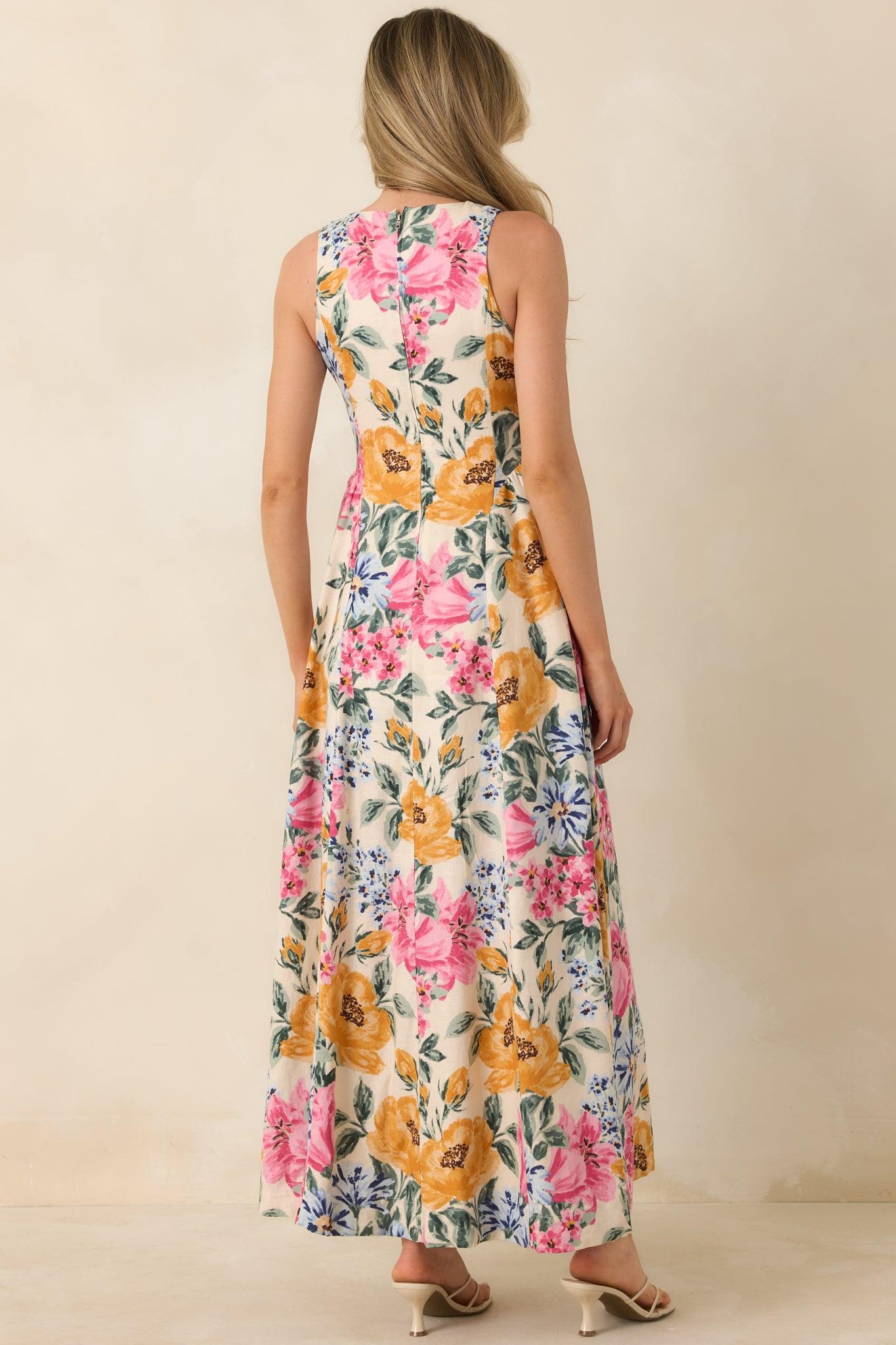Florals in Focus Multi Floral Linen Blend Tie Front Maxi Dress Product Image