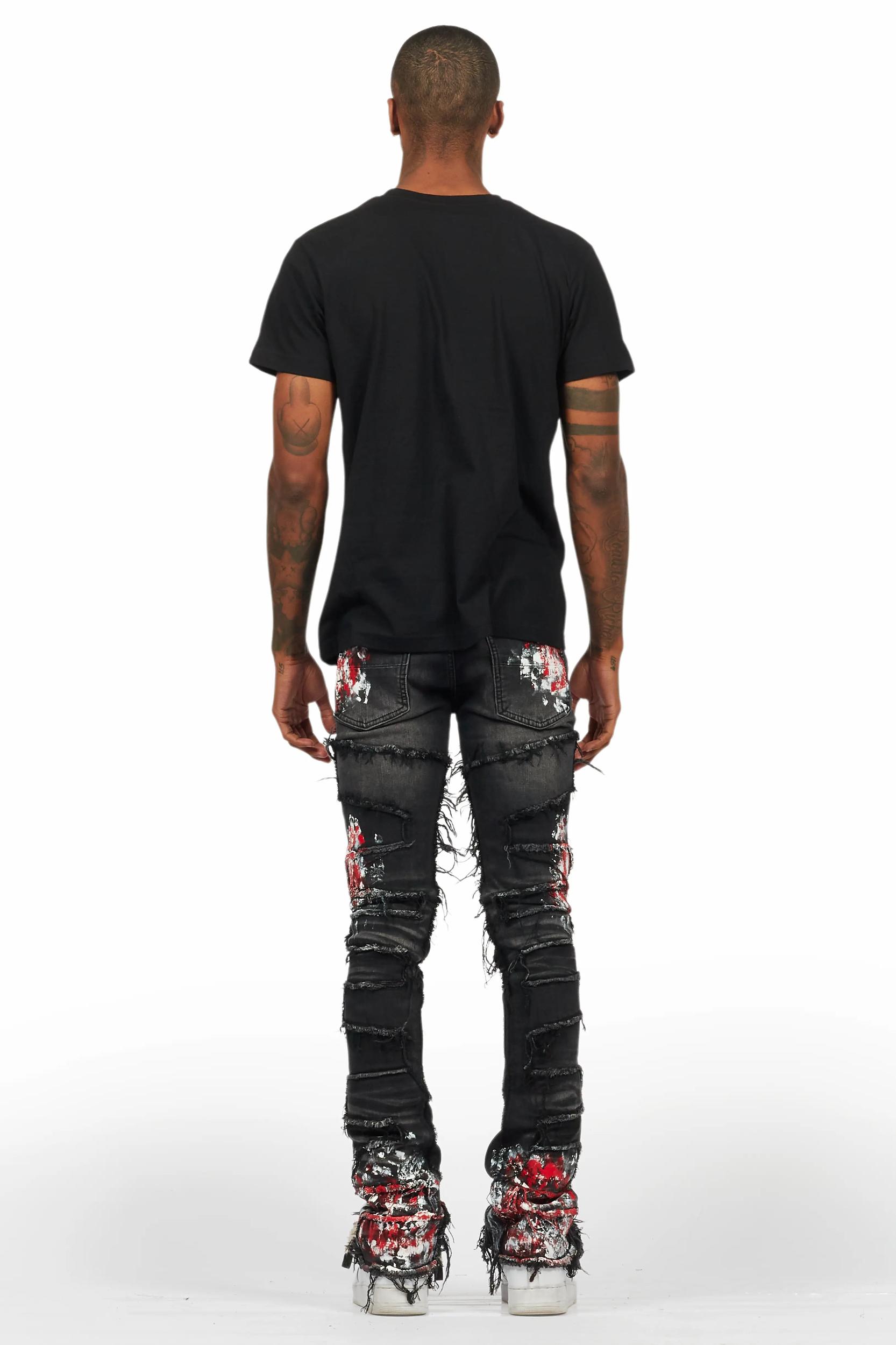 Saxon Dark Grey/Red T-Shirt/Stacked Flare Jean Set Male Product Image