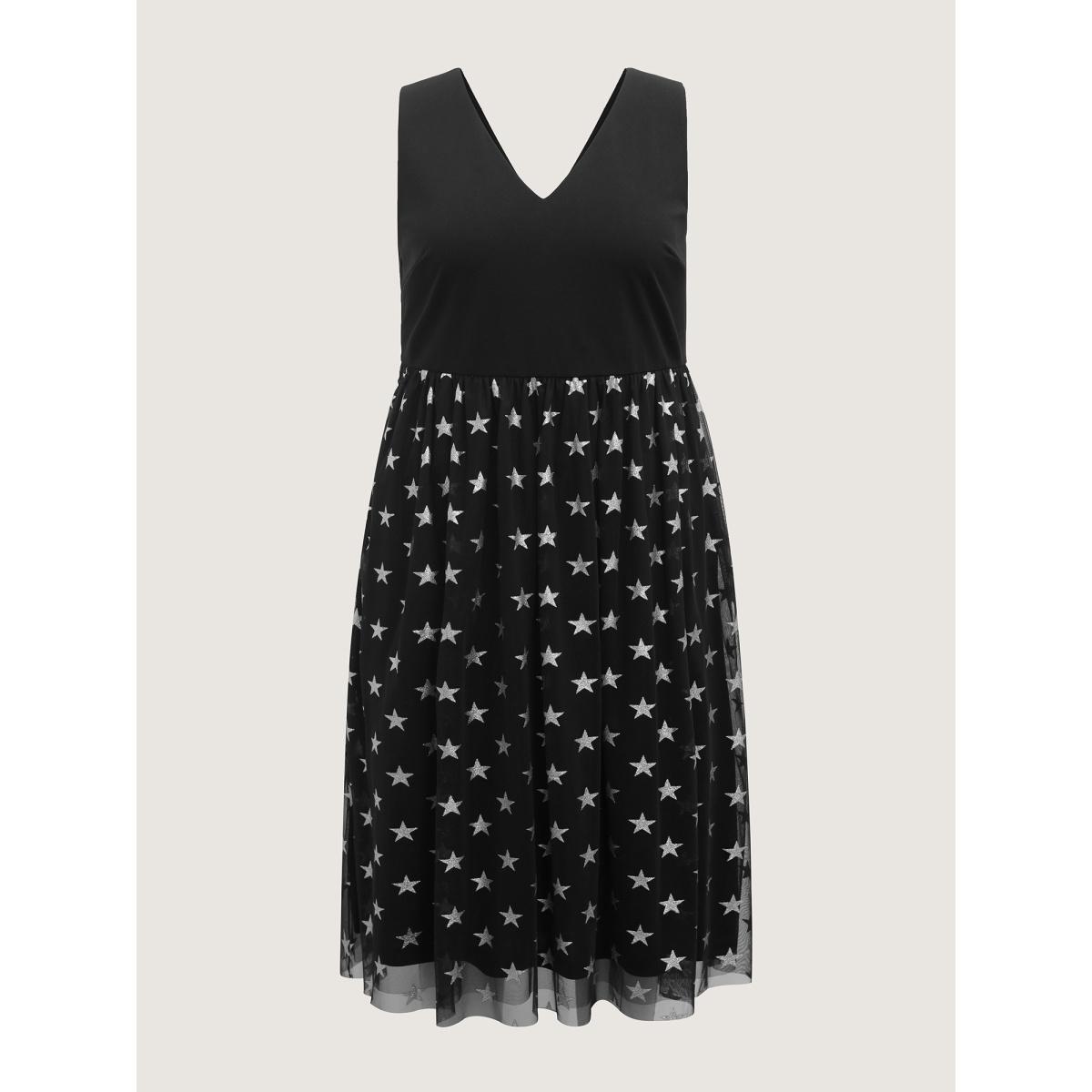 Plus Size Sequins Star Print V-Neck Midi Dress Black Women Non Sleeveless Curvy BloomChic 12/L Product Image