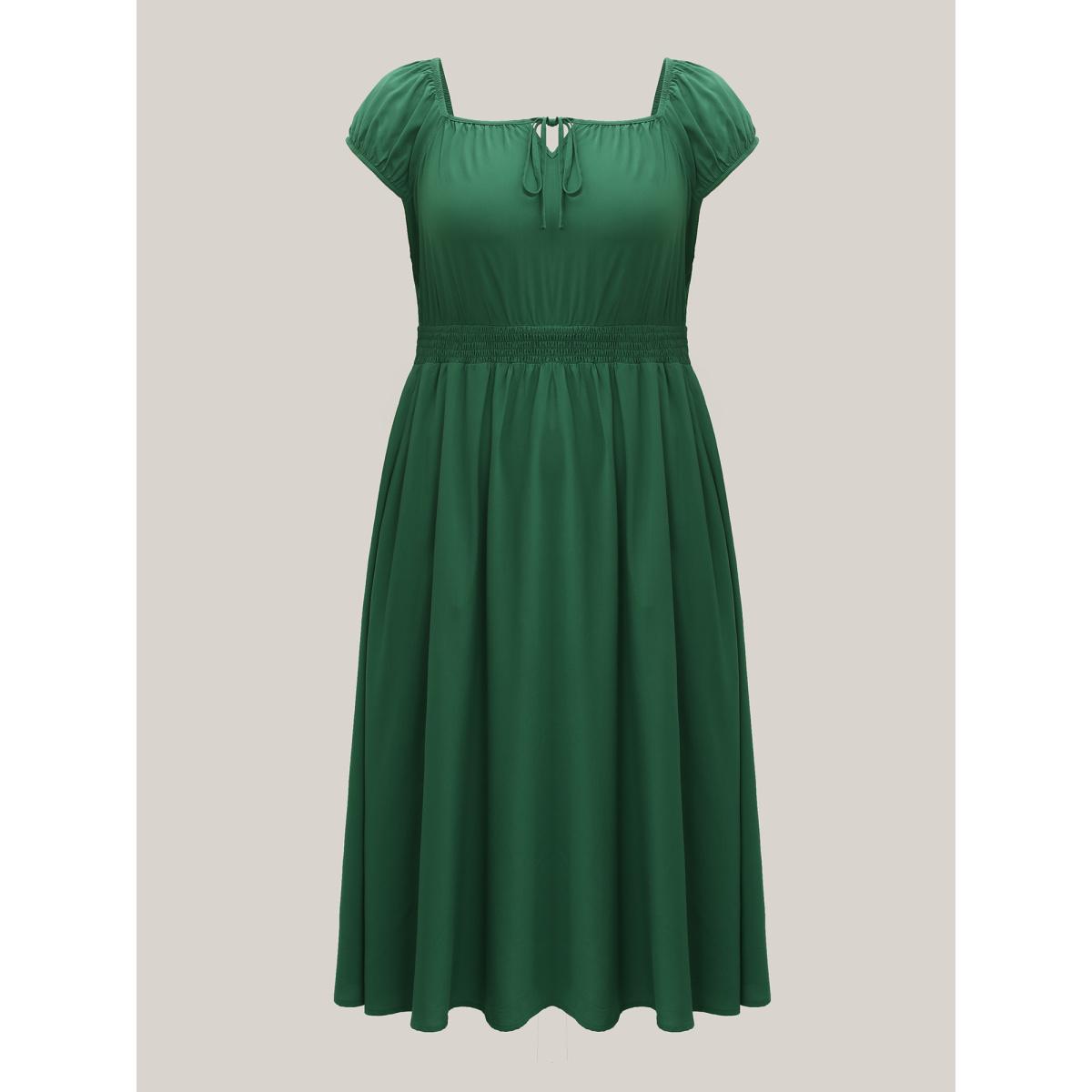 Plus Size Rayon Keyhole Pockets Solid Milkmaid Dress Emerald Women Timeless Square Neck Cap Sleeve Curvy BloomChic 14-16/1X Product Image