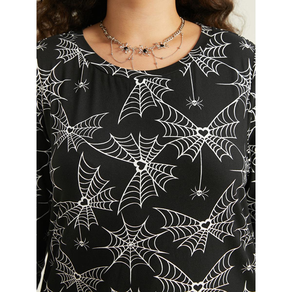 Plus Size Halloween Spider Web Print Round Neck T-shirt Black Women Casual Printed Graphic-Halloween Round Neck Festival-Halloween T-shirts BloomChic 26/4X Product Image