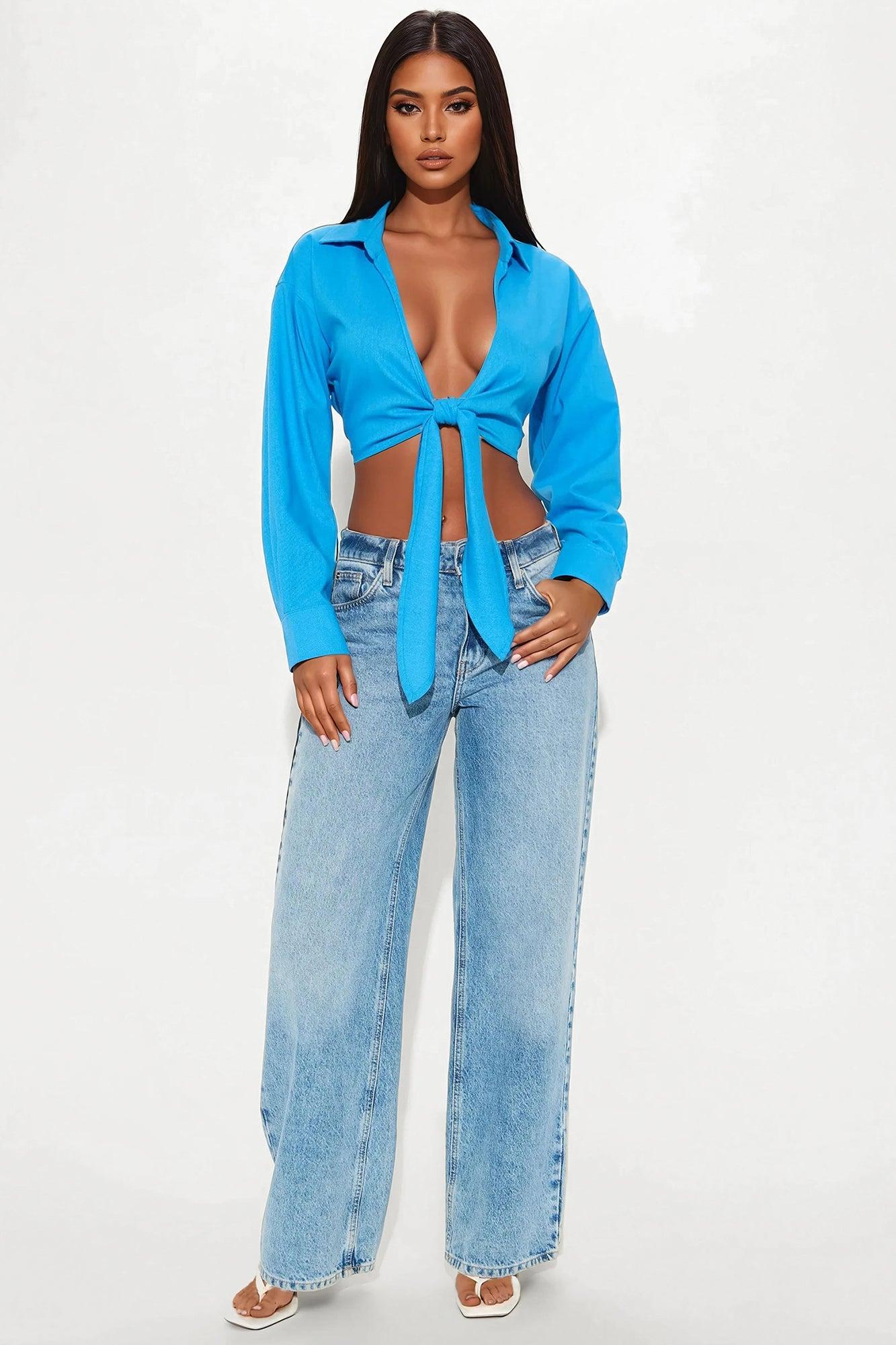 Alia Linen Tie Front Cropped Top - Blue Product Image