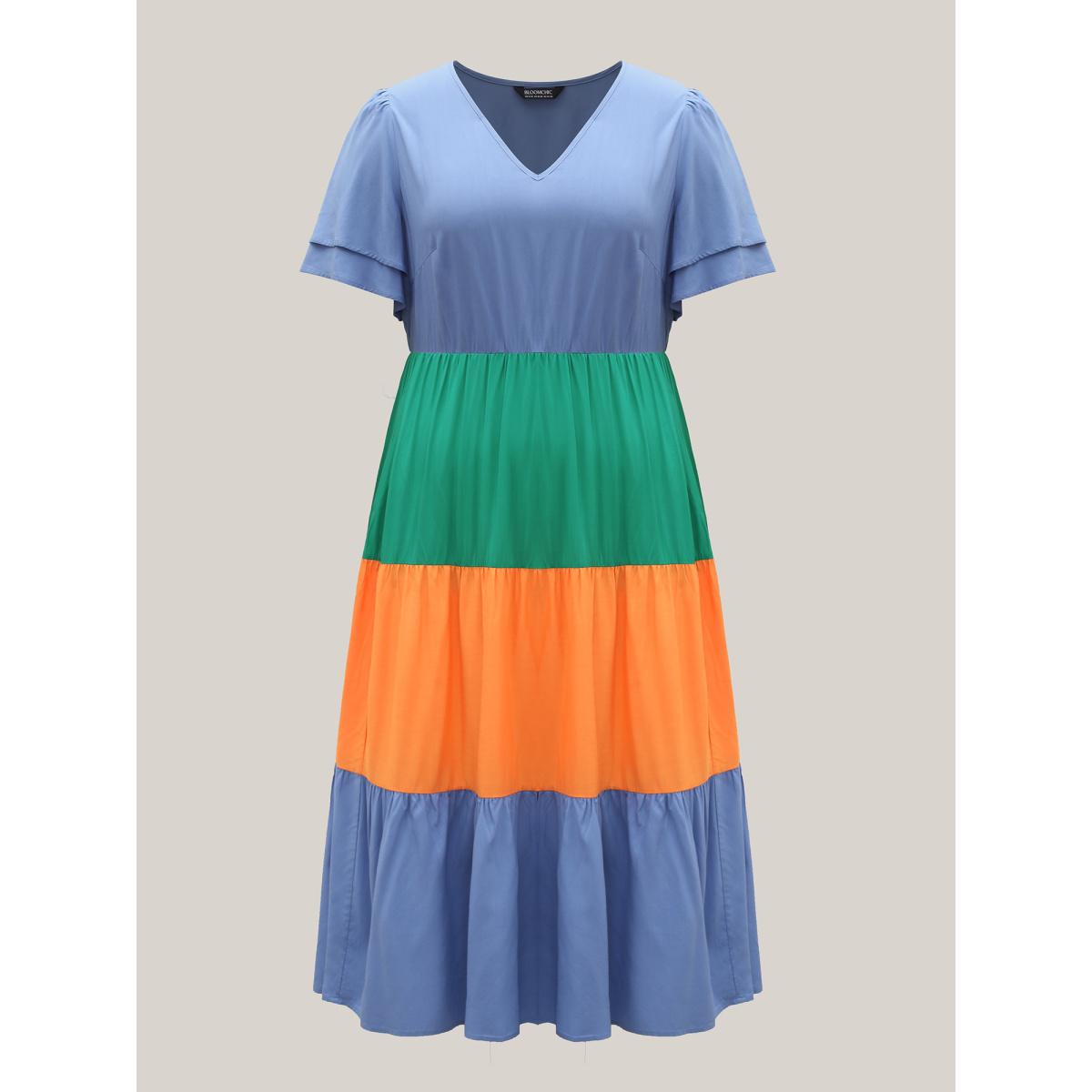 Plus Size Rayon Color Block Layered Sleeve Maxi Dress Stone Women Playful V-neck Short sleeve Curvy BloomChic 14-16/1X Product Image