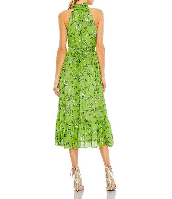 Mac Duggal Floral Print Pleated Halter Neck Sleeveless A-Line Dress Product Image