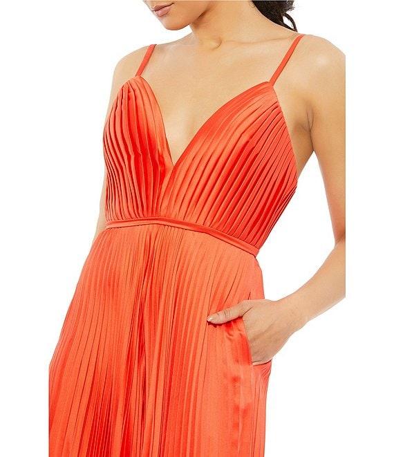 Mac Duggal Pleated Deep V-Neck Spaghetti Strap Sleeveless Wide Leg Jumpsuit Product Image