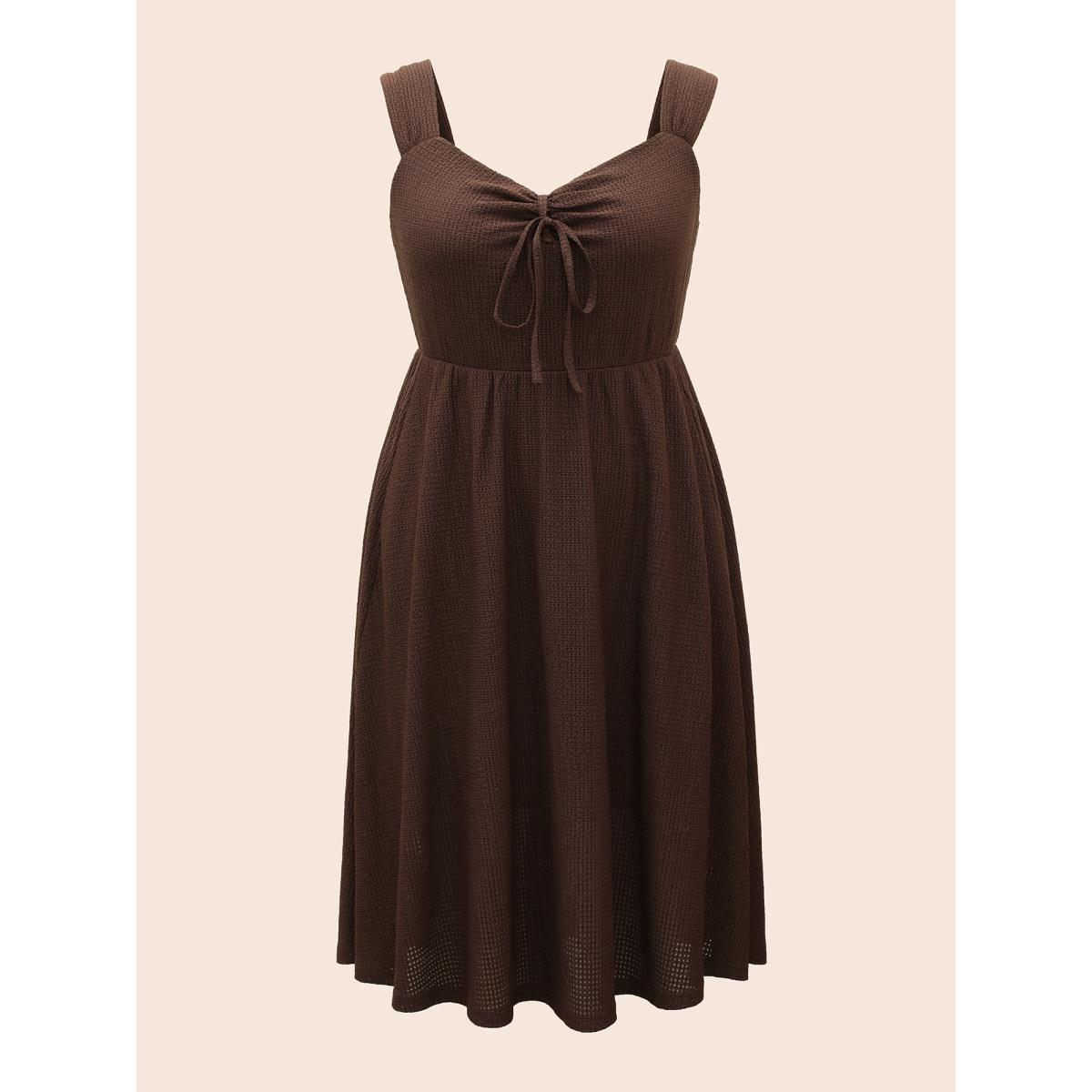 Plus Size Tie Neck Sleeveless Ruched Pocket Dress Browncoffeecolor Women Elegant Tie knot Heart neckline Sleeveless Curvy BloomChic 14-16/1X Product Image