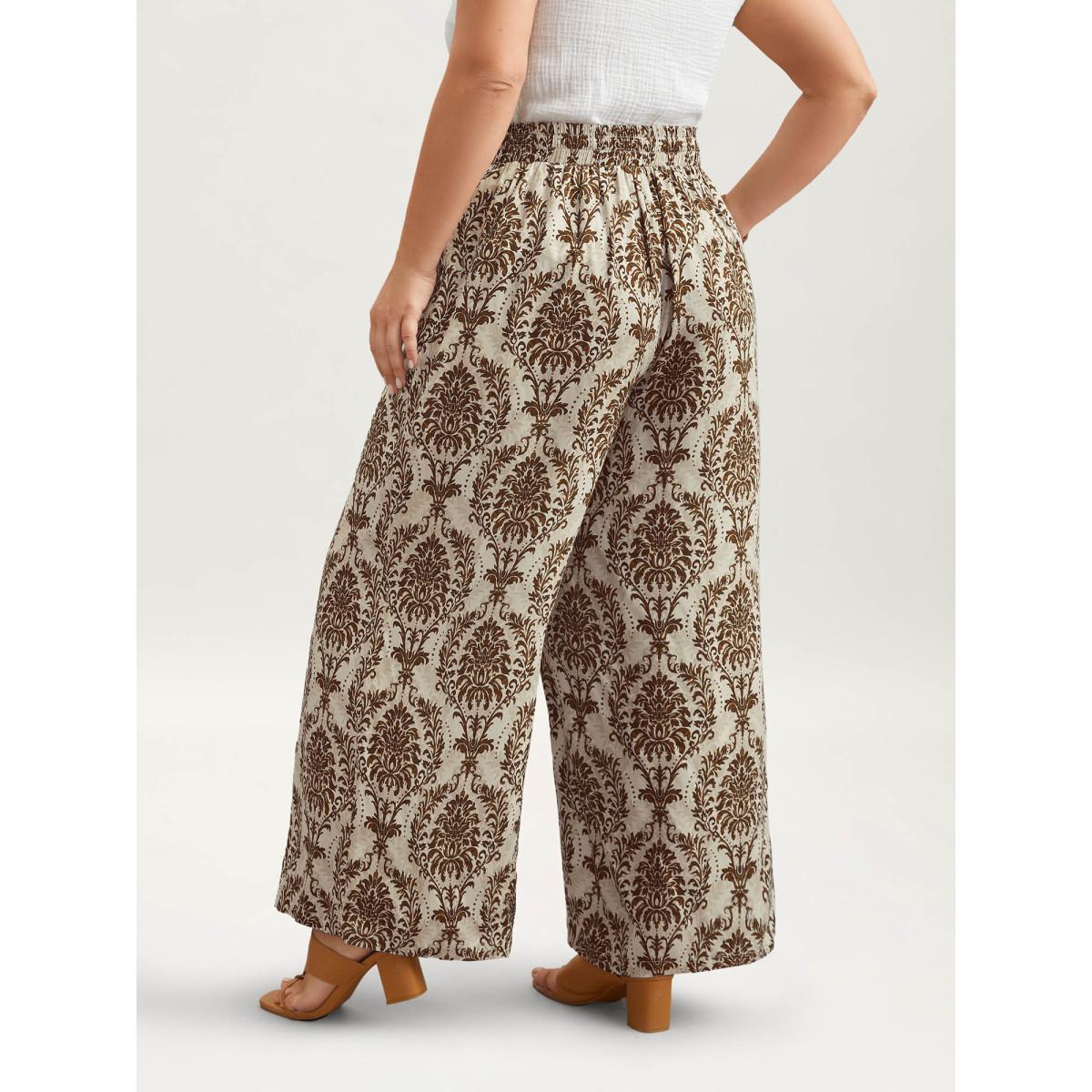 Plus Size Damask Print Tassel Straight-Leg Pants Women DarkBlue Boho Wide Leg Mid Rise Vacation Pants BloomChic 30/6X Product Image