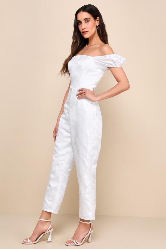 Redefined Class White Floral Jacquard Off-the-Shoulder Jumpsuit Product Image