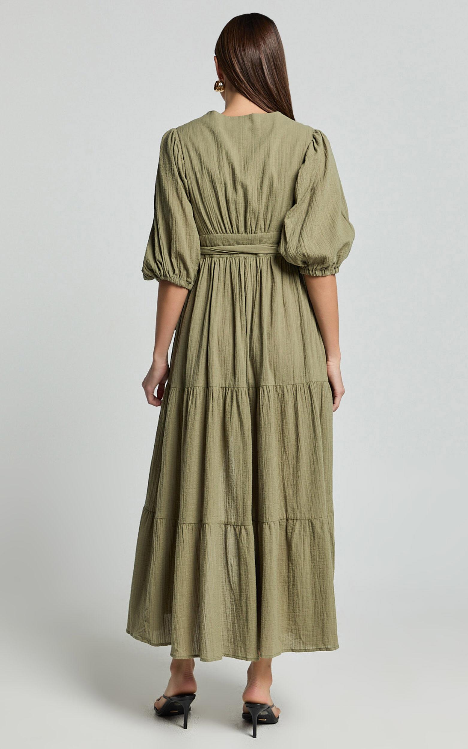 Penelope Wrap Front Puff Sleeve Midi Dress in Olive Product Image