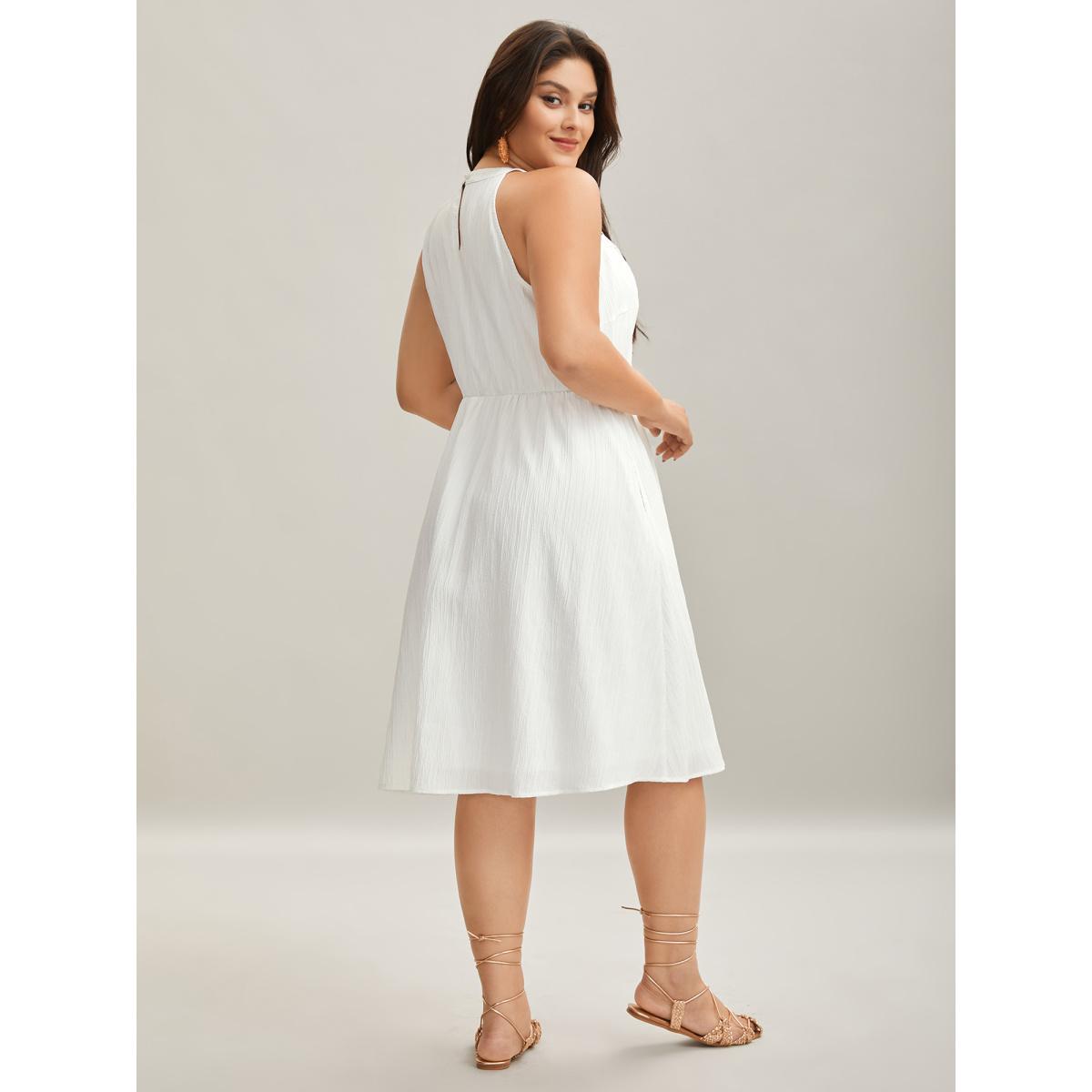 Plus Size Neck Cut-Out Pockets A-Line Midi Dress WhiteSmoke Women Boho Woven ribbon&lace trim Round Neck Sleeveless Curvy BloomChic 18-20/2X Product Image
