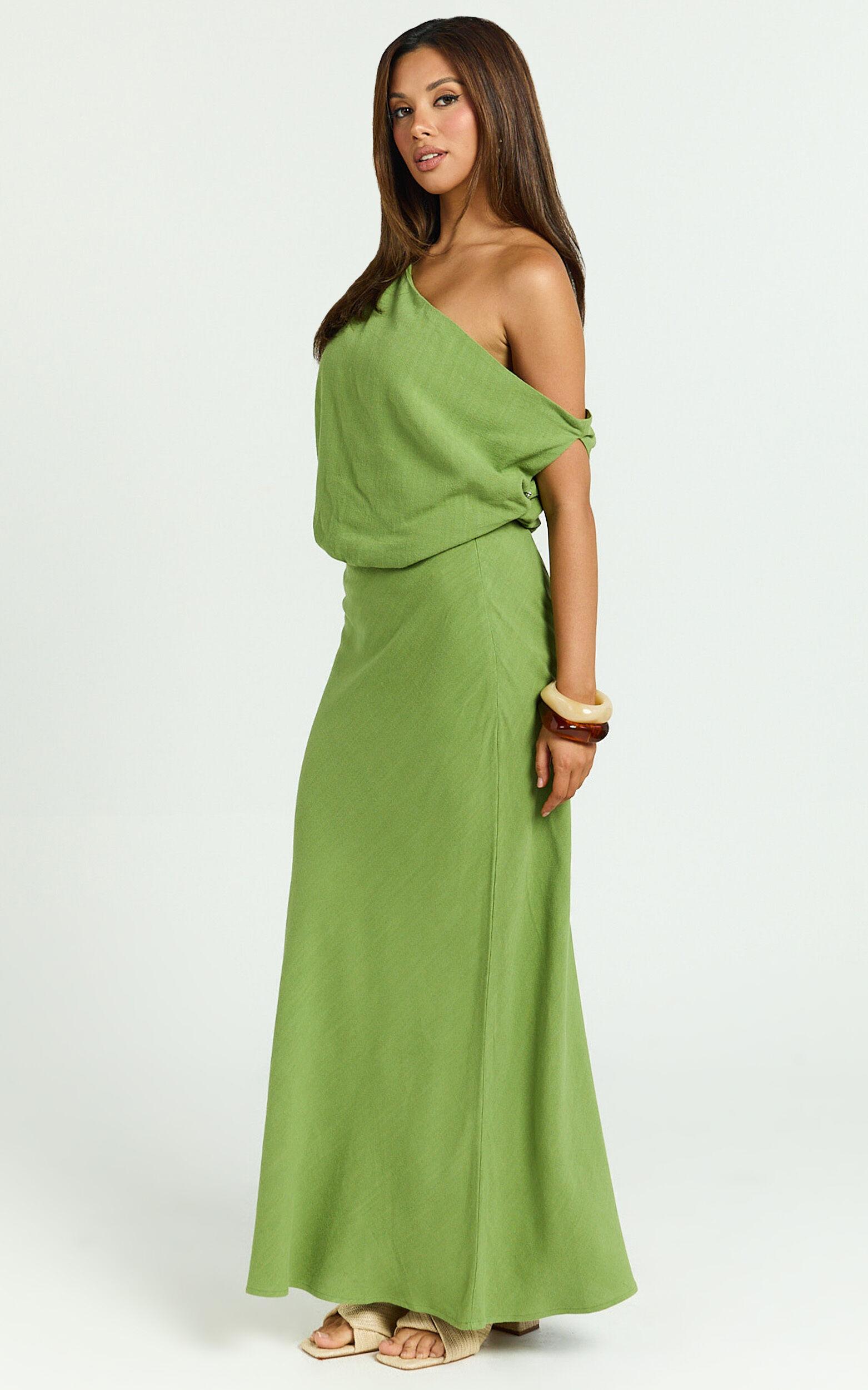 Jacqueline Midi Dress - Linen One Shoulder Dress in Green Product Image