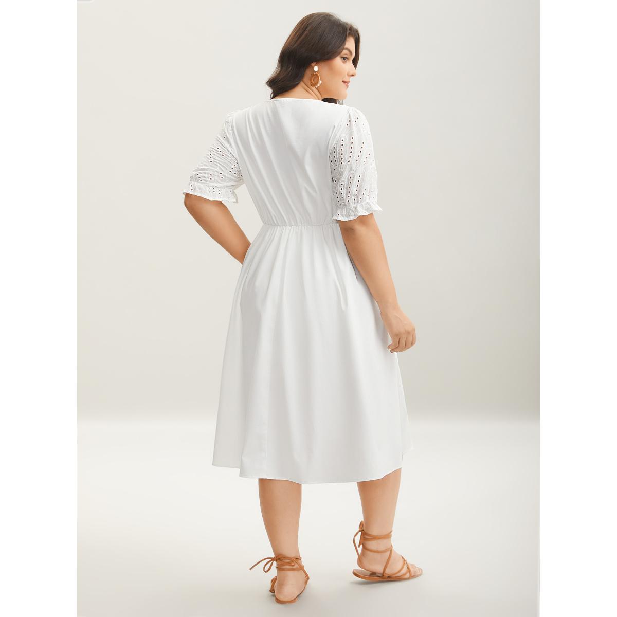 Plus Size Textured Eyelet Sleeve Pockets Midi Dress WhiteSmoke Women Flat collar with V-notch Half Sleeve Curvy BloomChic 14-16/1X Product Image