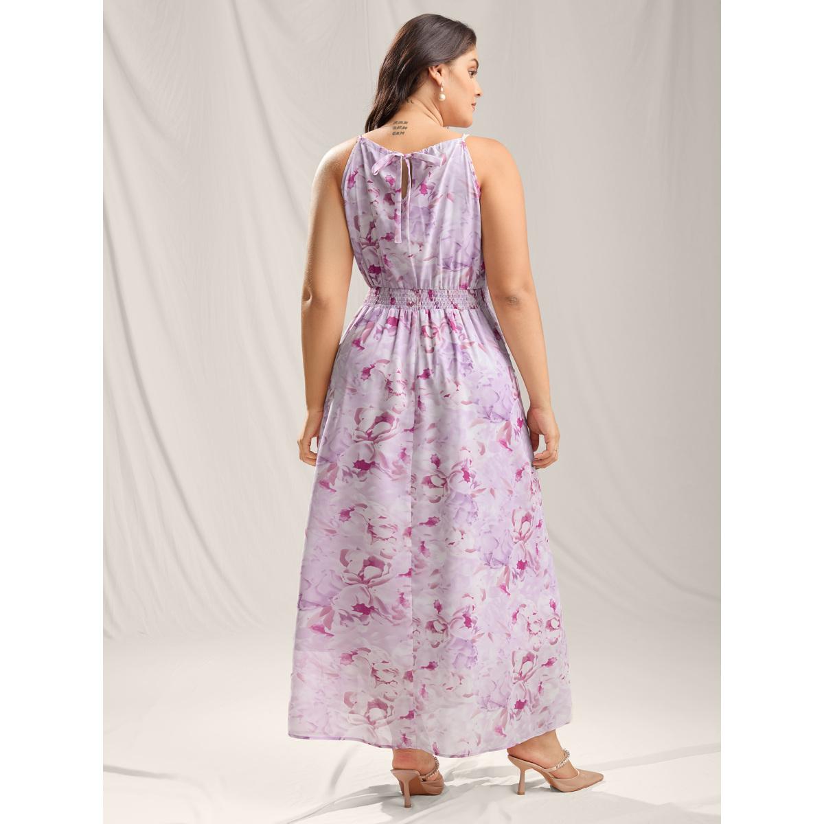 Plus Size Floral Print Halter Neck Stretchy Midi Dress Lavender Women Romantic Halter neck Sleeveless Curvy BloomChic 14-16/1X Product Image