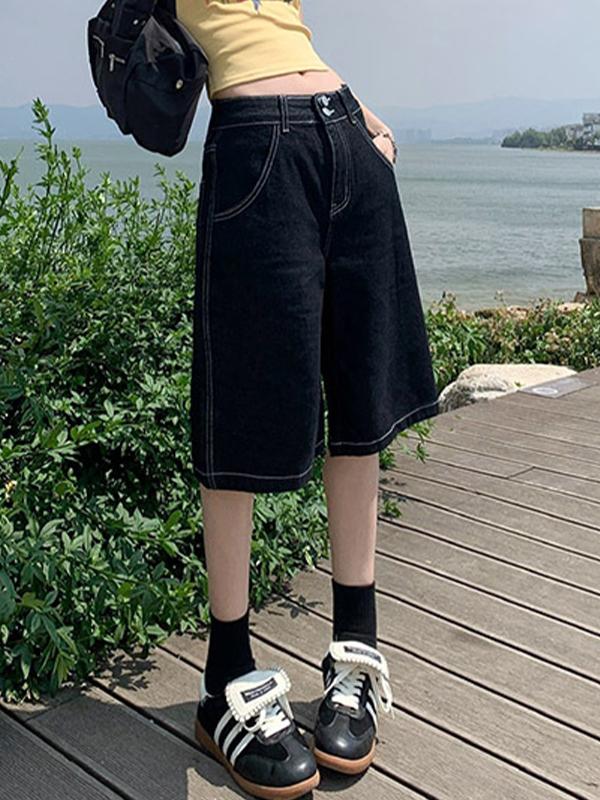 Vintage Loose Wide Leg Denim Shorts Product Image