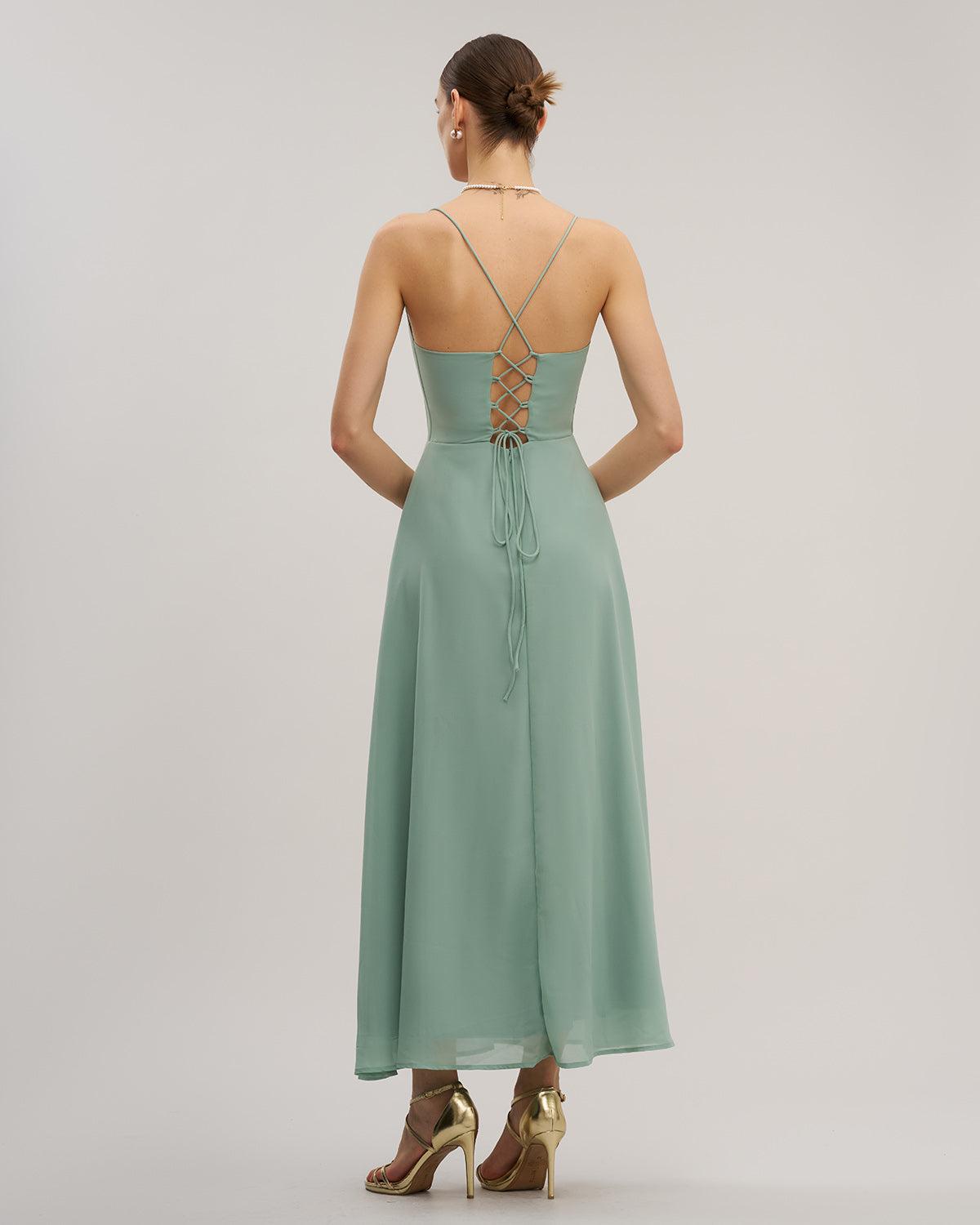 Green A-Line Backless Slip Maxi Dress Product Image