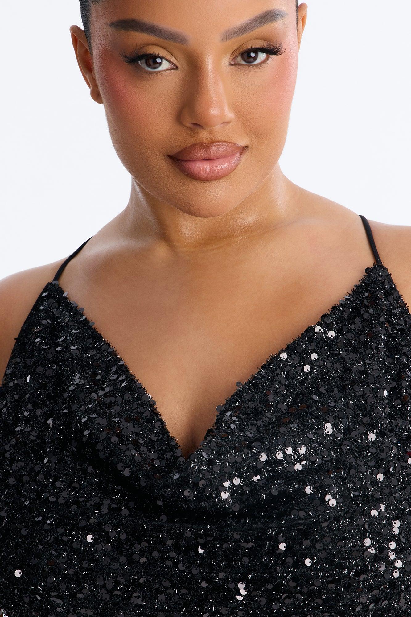 Zoey Feathered Sequin Midi Dress - Black Female Product Image