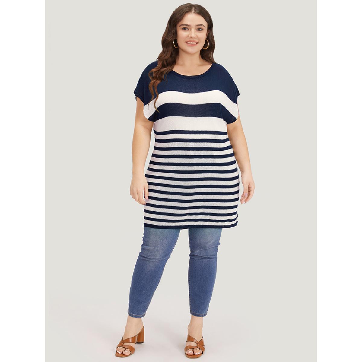 Plus Size Striped Contrast Boat Neck Cap Sleeve Pullover Indigo Women Casual Loose Short sleeve Round Neck Dailywear Pullovers BloomChic 28/5X Product Image