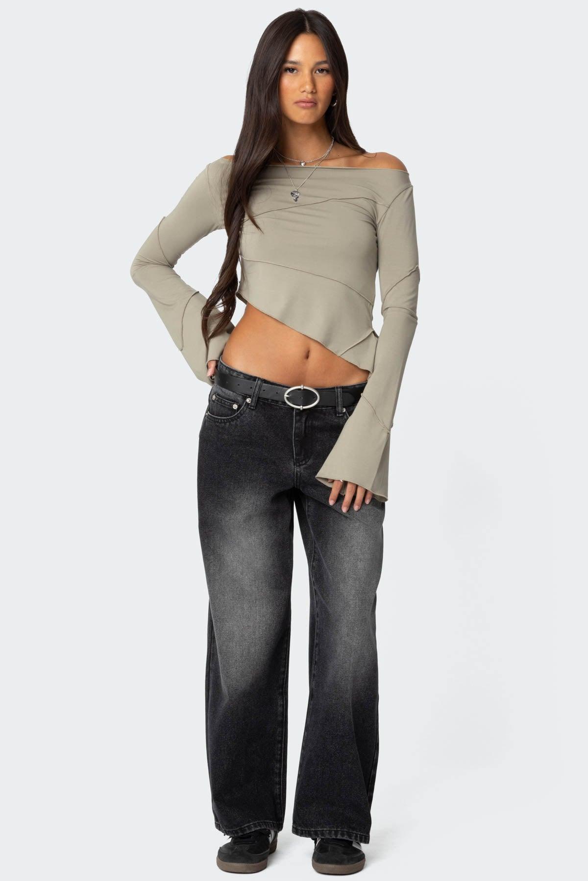Petite Magda Acid Wash Low Rise Baggy Jeans Product Image
