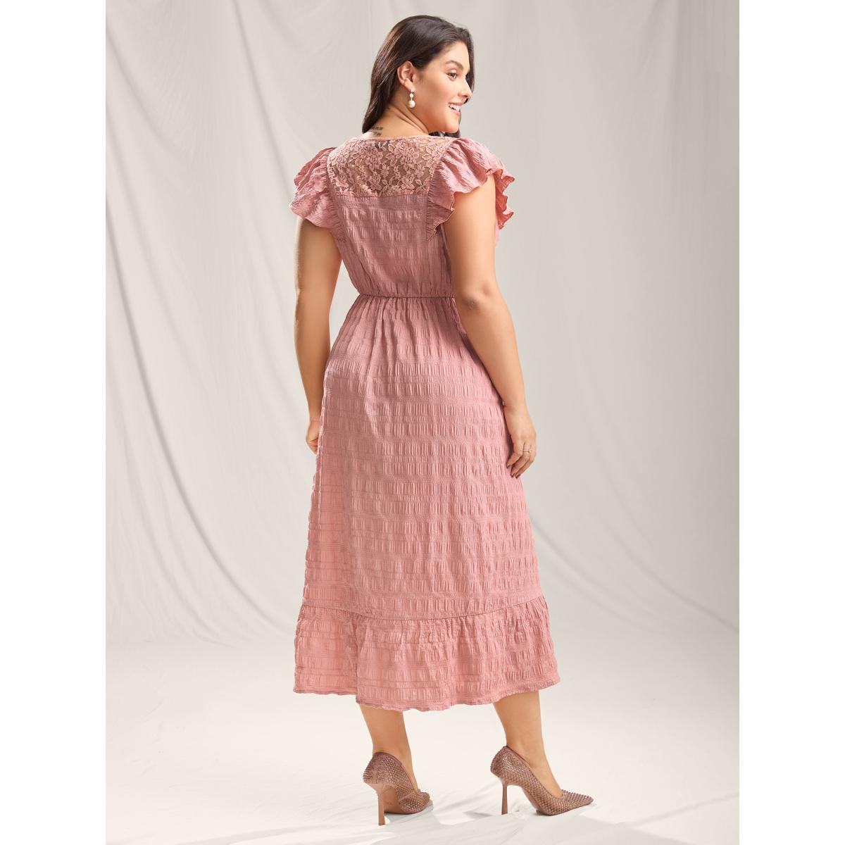 Plus Size Mesh Lace Neck Tiered Maxi Dress Salmon Women Round Neck Sleeveless Curvy BloomChic 26/4X Product Image