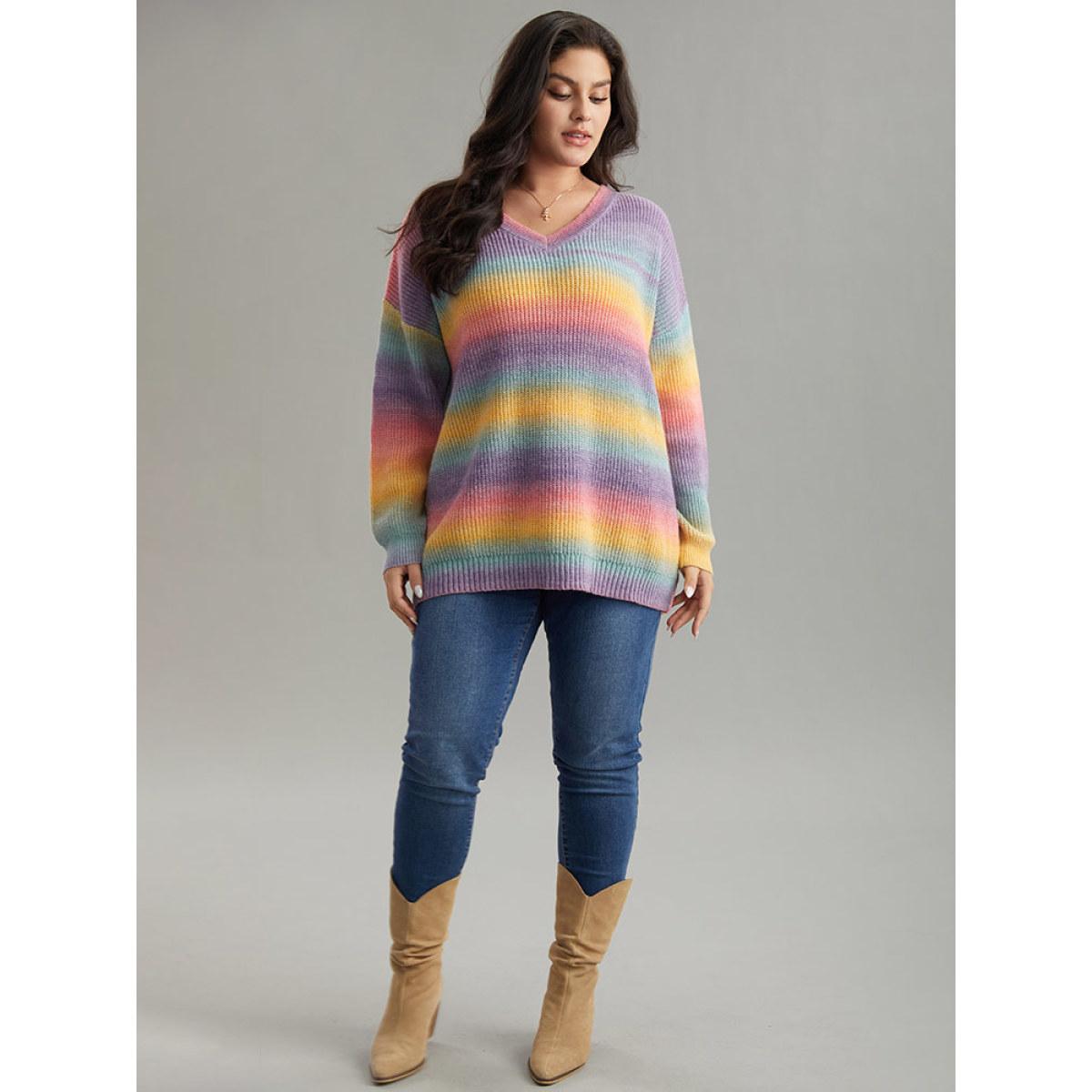 Plus Size Rainbow Ombre V Neck Loose Pullover Multicolor Women Casual Loose Long Sleeve V-neck Everyday Pullovers BloomChic 26/4X Product Image