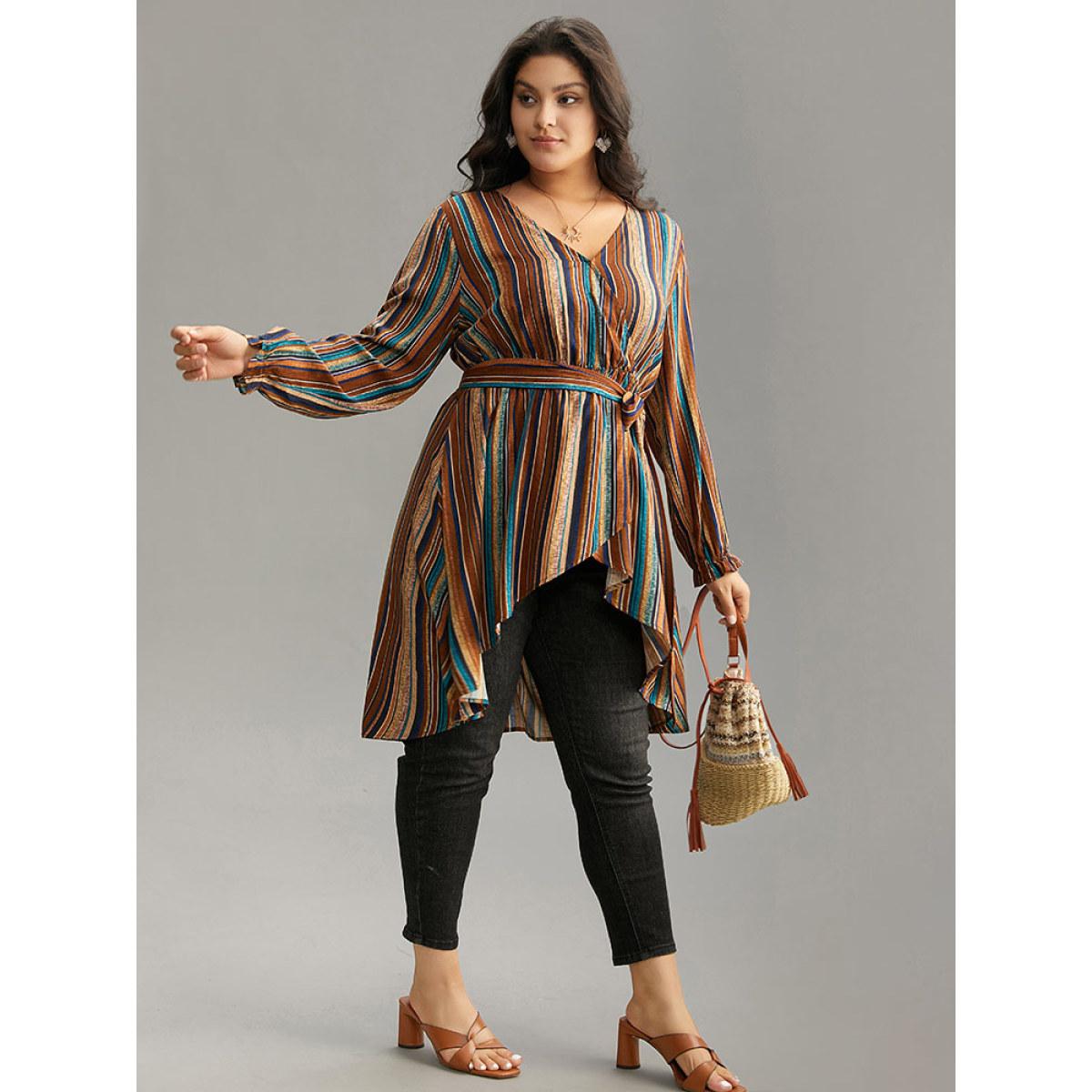 Plus Size Multicolor Striped Overlap Collar Arc Hem Belted Blouse Women Vacation Long Sleeve Overlap Collar Vacation Blouses BloomChic 30/6X Product Image