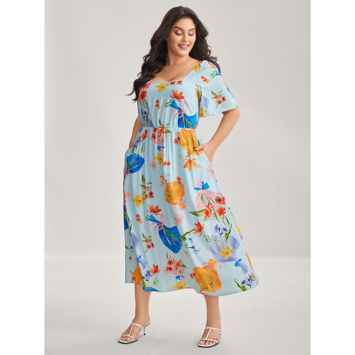 Plus Size Rayon Floral Print Pockets Midi Dress Multicolor Women Round Neck Short sleeve Curvy BloomChic 14-16/1X Product Image