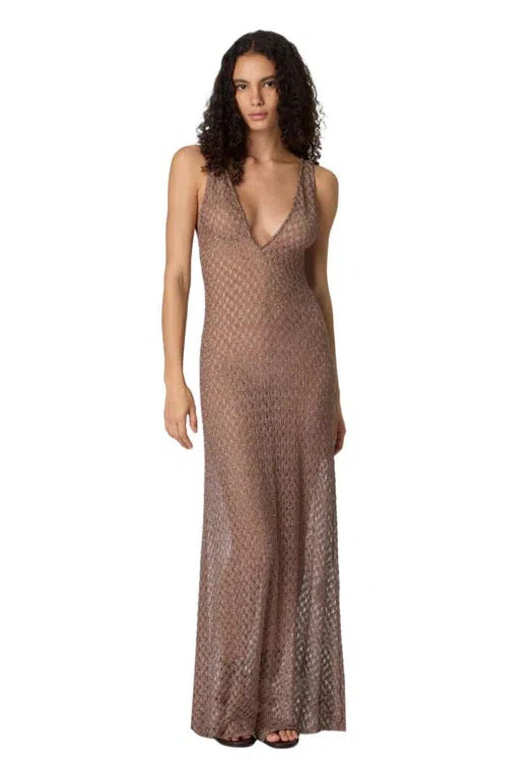 MISSONI Open Knit V-neck Knitted Dress In Brown Product Image