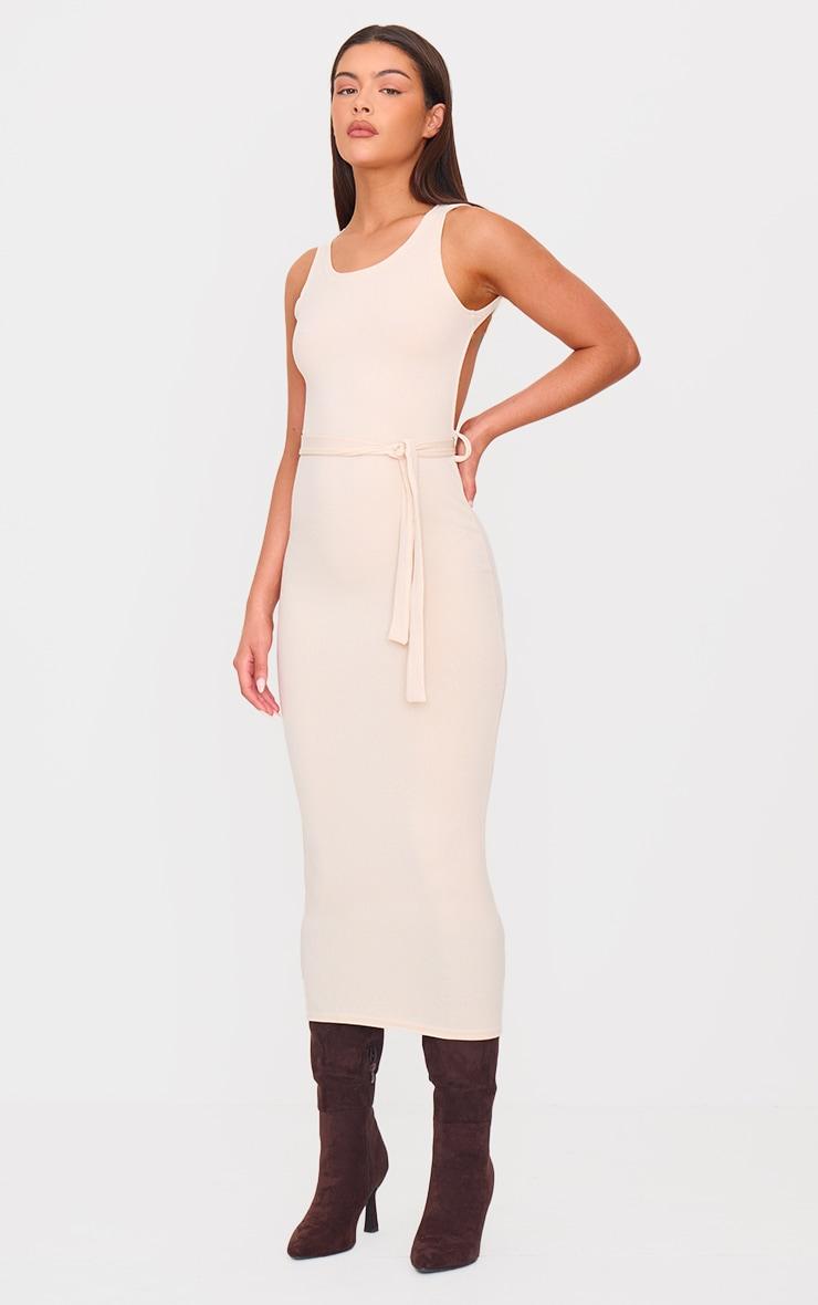 Cream Rib Cut Out Back Detail Tie Waist Midaxi Dress Product Image