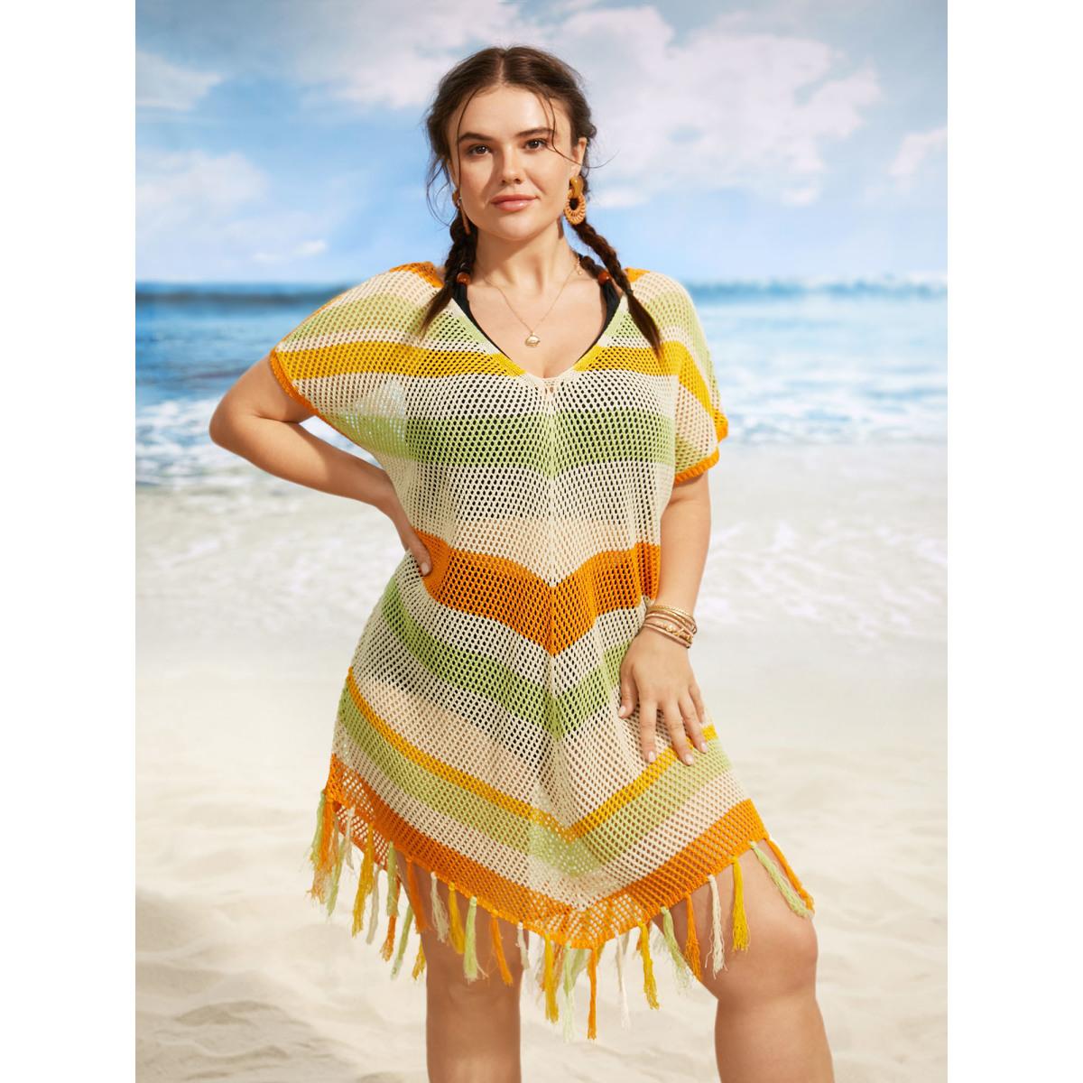 Plus Size Geometric Dolman Sleeve Tassel Trim Swim Cover Up Women's Swimwear Multicolor Beach Loose Tassels Curve Swim Cover Ups BloomChic 30/6X Product Image
