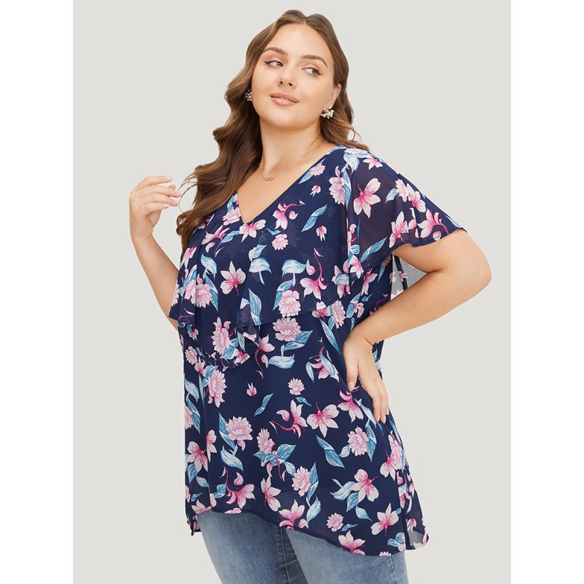Plus Size Indigo Floral Print Ruffle Trim Asymmetrical Hem Blouse Women Elegant Short sleeve Round Neck Dailywear Blouses BloomChic 10/M Product Image
