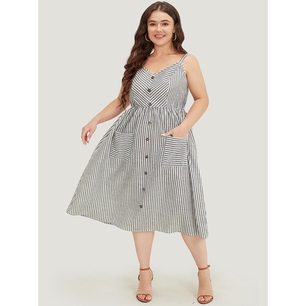 Plus Size Striped Geometric Pocket Button Detail Cami Dress Black Women Vacation Adjustable Straps Spaghetti Strap Sleeveless Curvy Midi Dress BloomChic 28/5X Product Image
