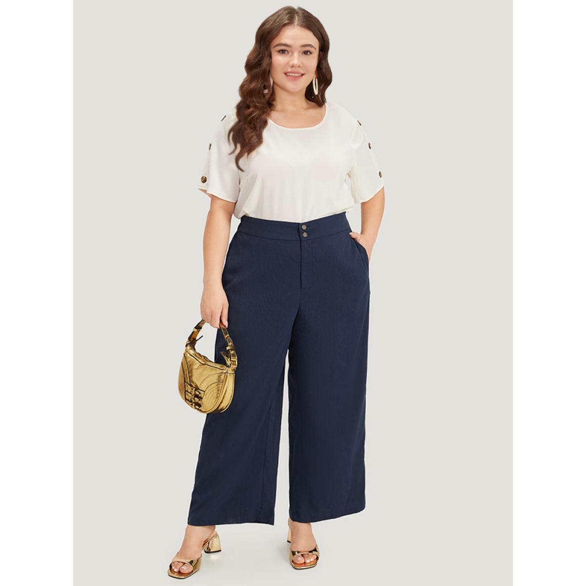 Plus Size Solid Button Up Pocket Wide leg High Rise Pants Women Indigo Office Straight Leg High Rise Work Pants BloomChic 10/M Product Image