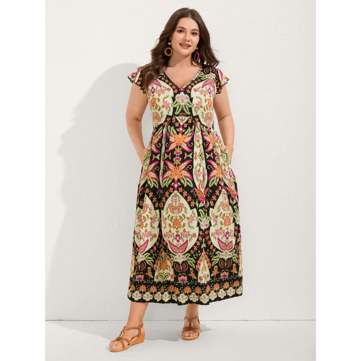 Plus Size Floral Print Ruffled Sleeve V-Neck Midi Dress Black Women Boho V-neck Cap Sleeve Curvy BloomChic 10/M Product Image