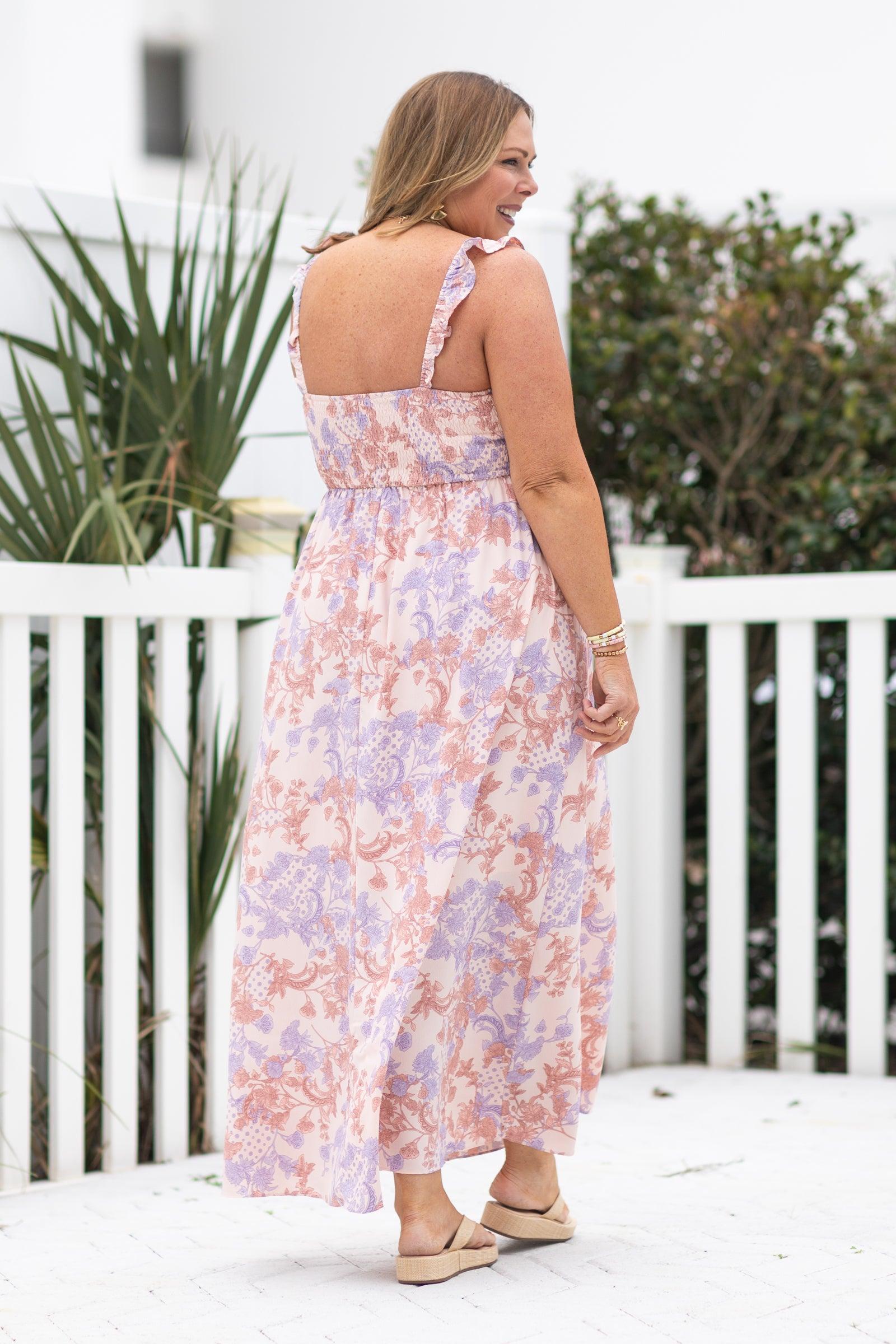 Peach Paisley Floral Smocked Maxi Dress Product Image