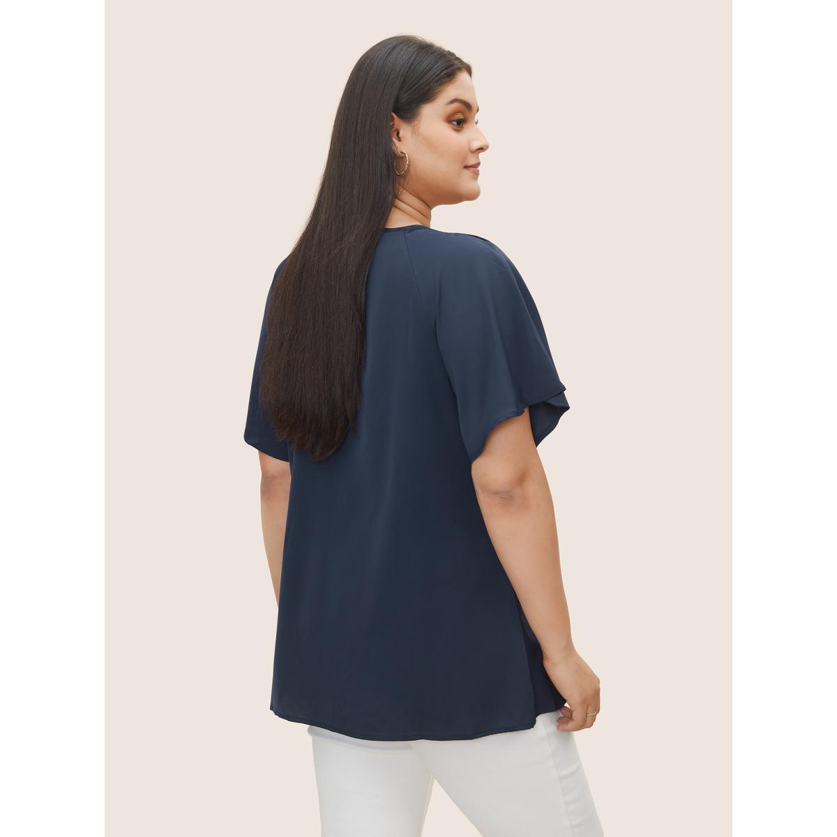 Plus Size Indigo Plain Keyhole Knotted Front Ruffle Sleeve Blouse Women Work From Home Short sleeve Round Neck Work Blouses BloomChic 26/4X Product Image