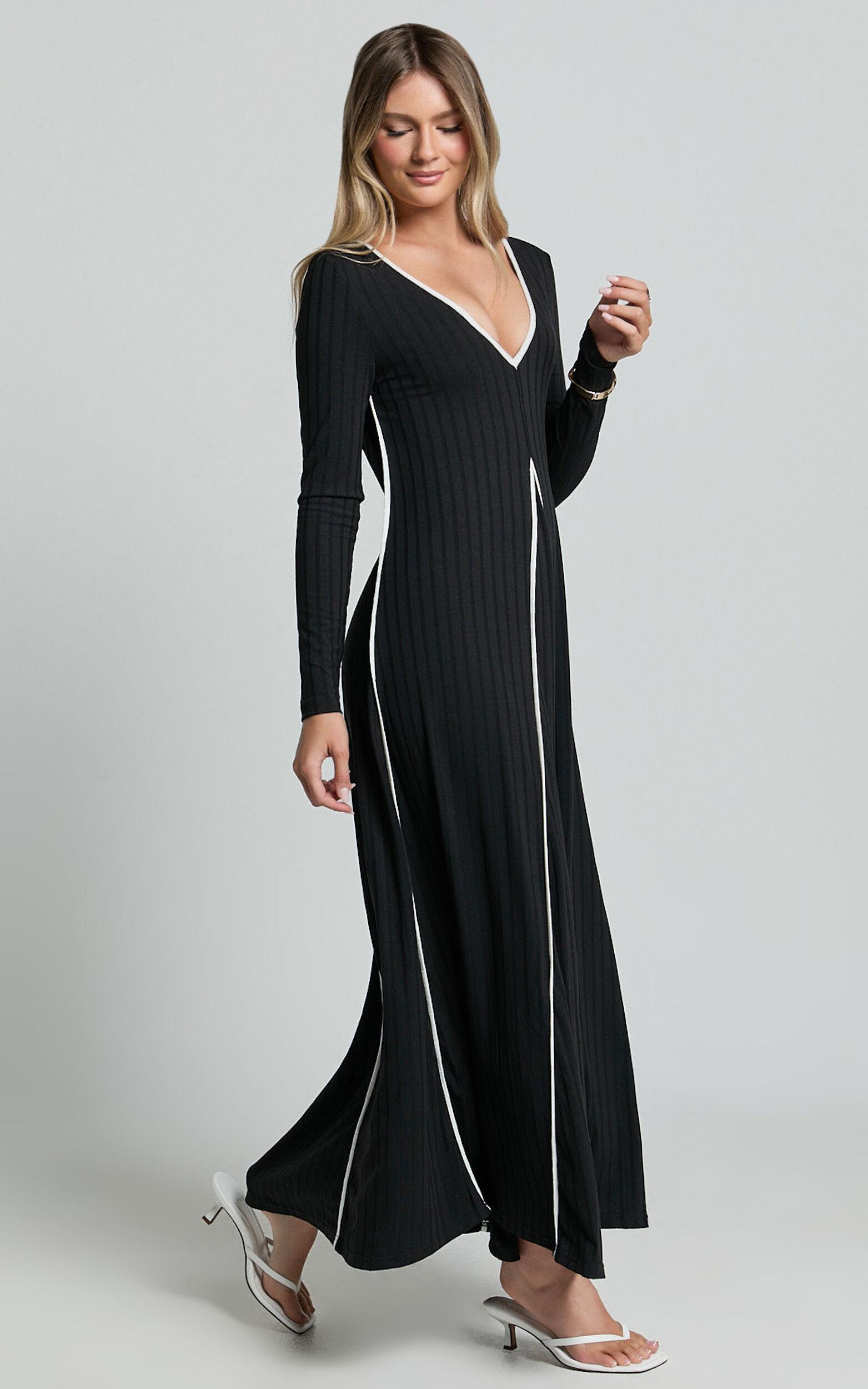 Margie Midi Dress - Long Sleeve Contrast Bind Ribbed Dress in Black Product Image