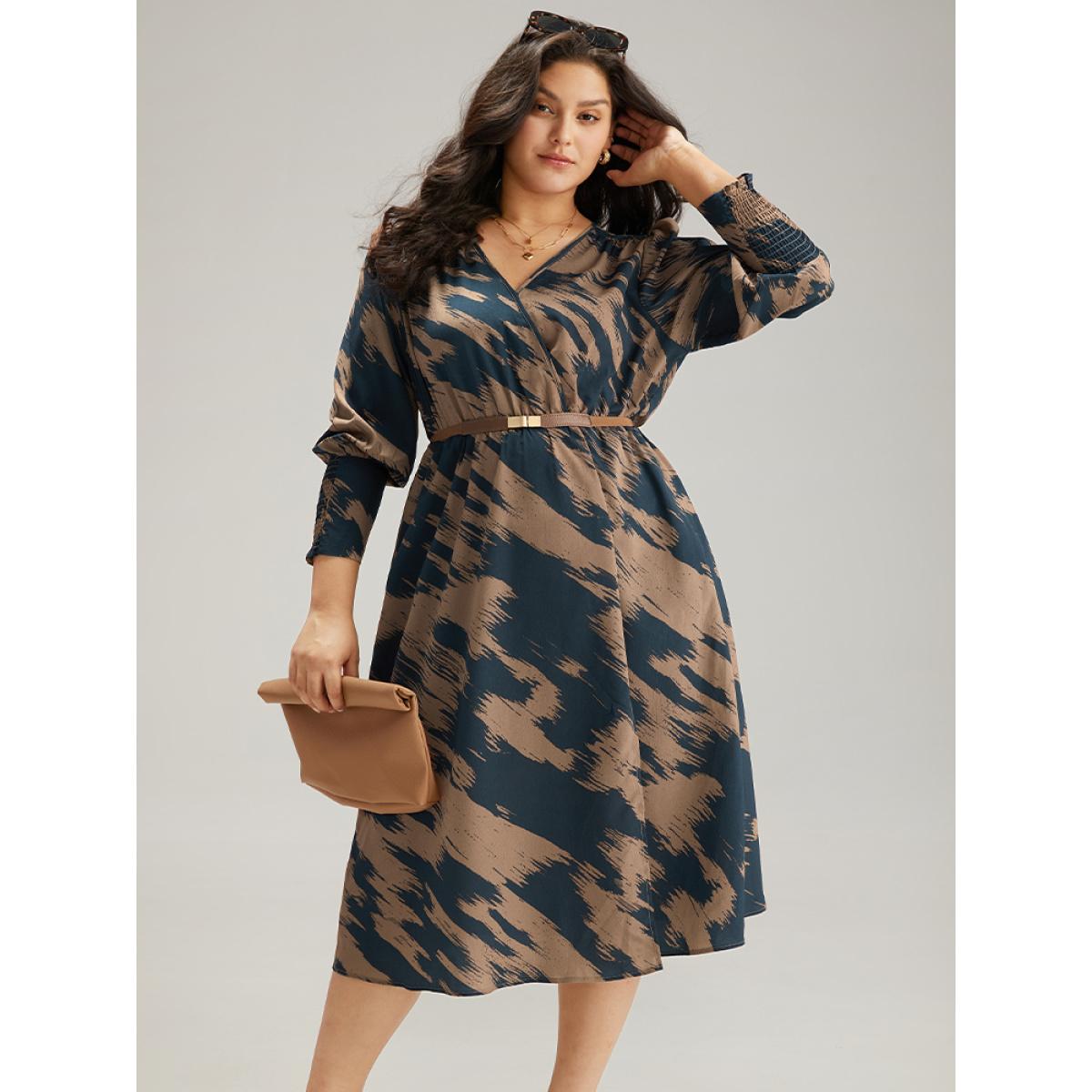 Plus Size Brush Print Elastic Waist Wrap Split Hem Dress Indigo Women At the Office Elastic Waist V-neck Long Sleeve Curvy Midi Dress BloomChic 30/6X Product Image