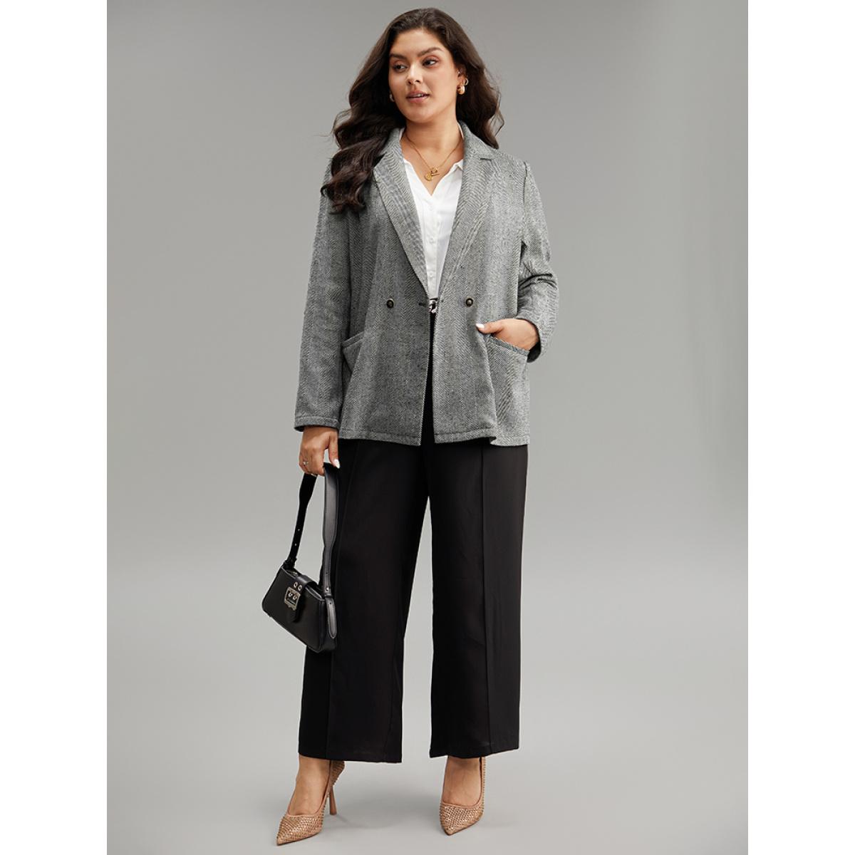 Plus Size Geo Striped Patched Pocket Button Down Blazer Gray Women Office Geometric Texture Sleeve Long Sleeve Suit Collar 28/5X Pocket Office Blazers BloomChic Product Image