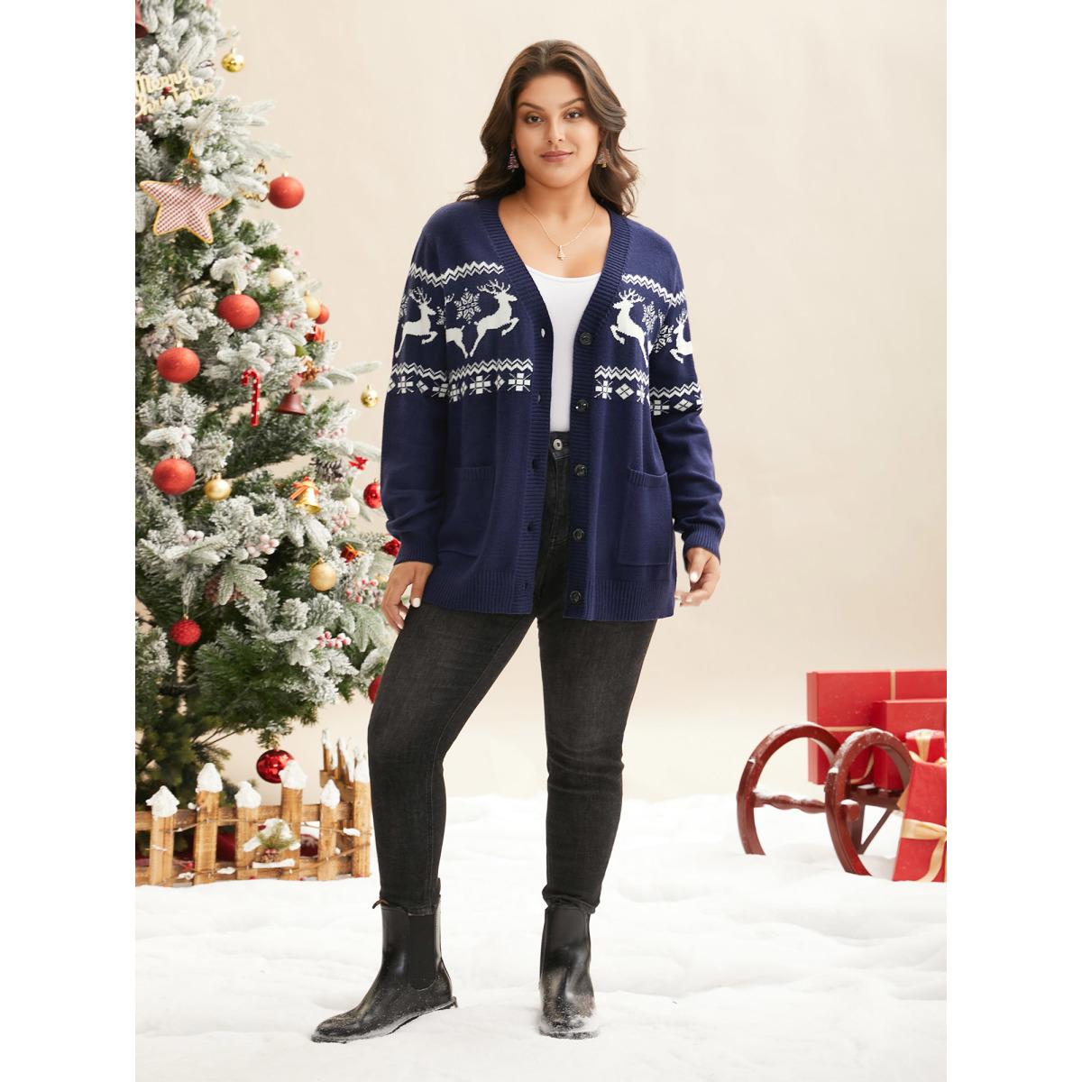 Plus Size Supersoft Essentials Holiday Patterns Button Front Cardigan Indigo Women Casual Loose Long Sleeve Everyday Cardigans BloomChic 12/L Product Image