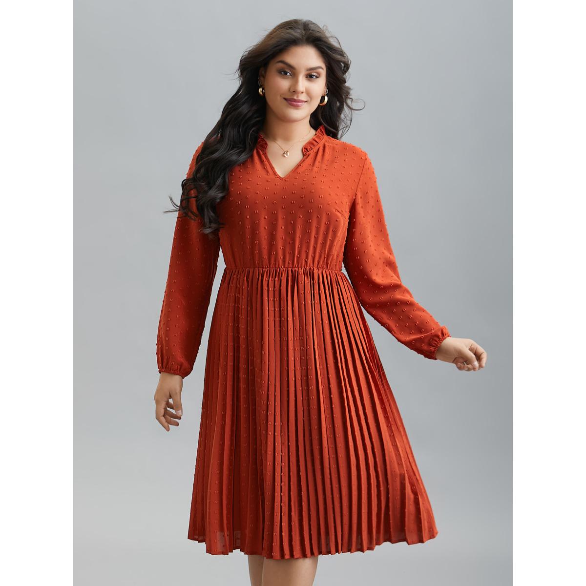 Plus Size Notched Collar Textured Pleated Midi Dress OrangeRed Women Casual Texture Flat collar with V-notch Long Sleeve Curvy BloomChic 14-16/1X Product Image