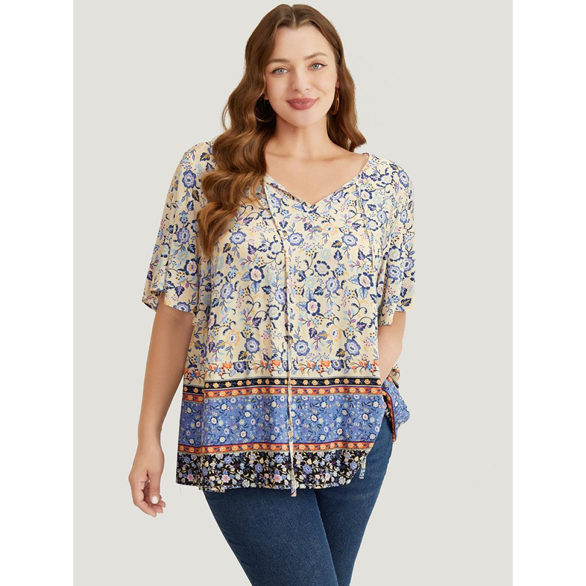 Plus Size Multicolor Bandana Printed Ties Front Ruffle Sleeve Blouse Women Vacation Short sleeve Tie Neck Dailywear Blouses BloomChic 10/M Product Image