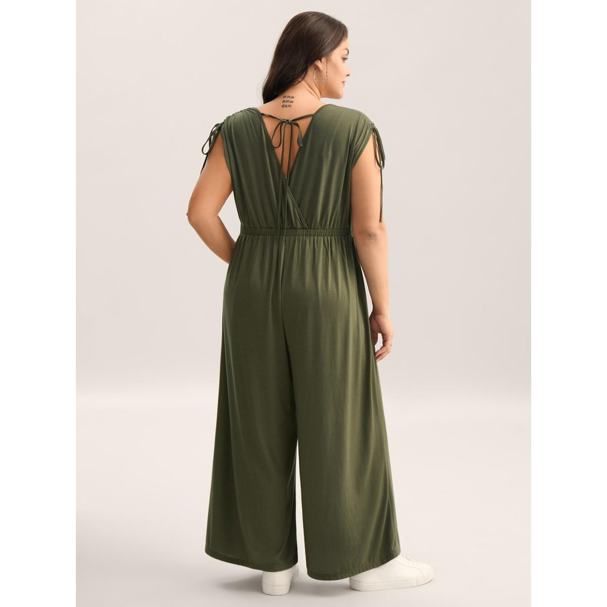 Plus Size Moss Drawstring Shoulder Plain Straight-Leg Jumpsuit Women Sleeveless Overlap Collar Casual Loose Jumpsuits BloomChic 10/M Product Image
