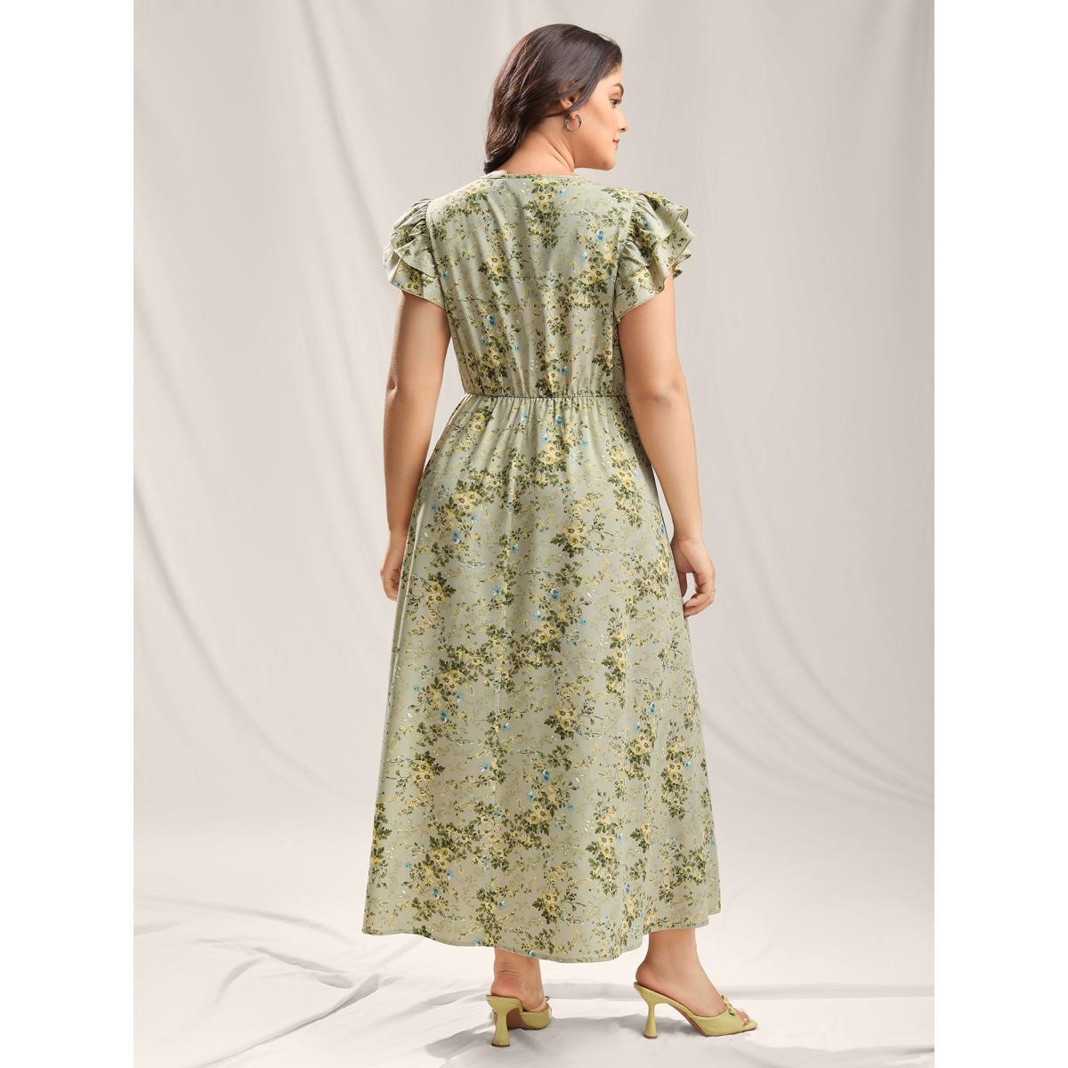 Plus Size Breezy Floral Print Flutter Sleeve Maxi Dress Sage Women V-neck Short sleeve Curvy BloomChic 30/6X Product Image
