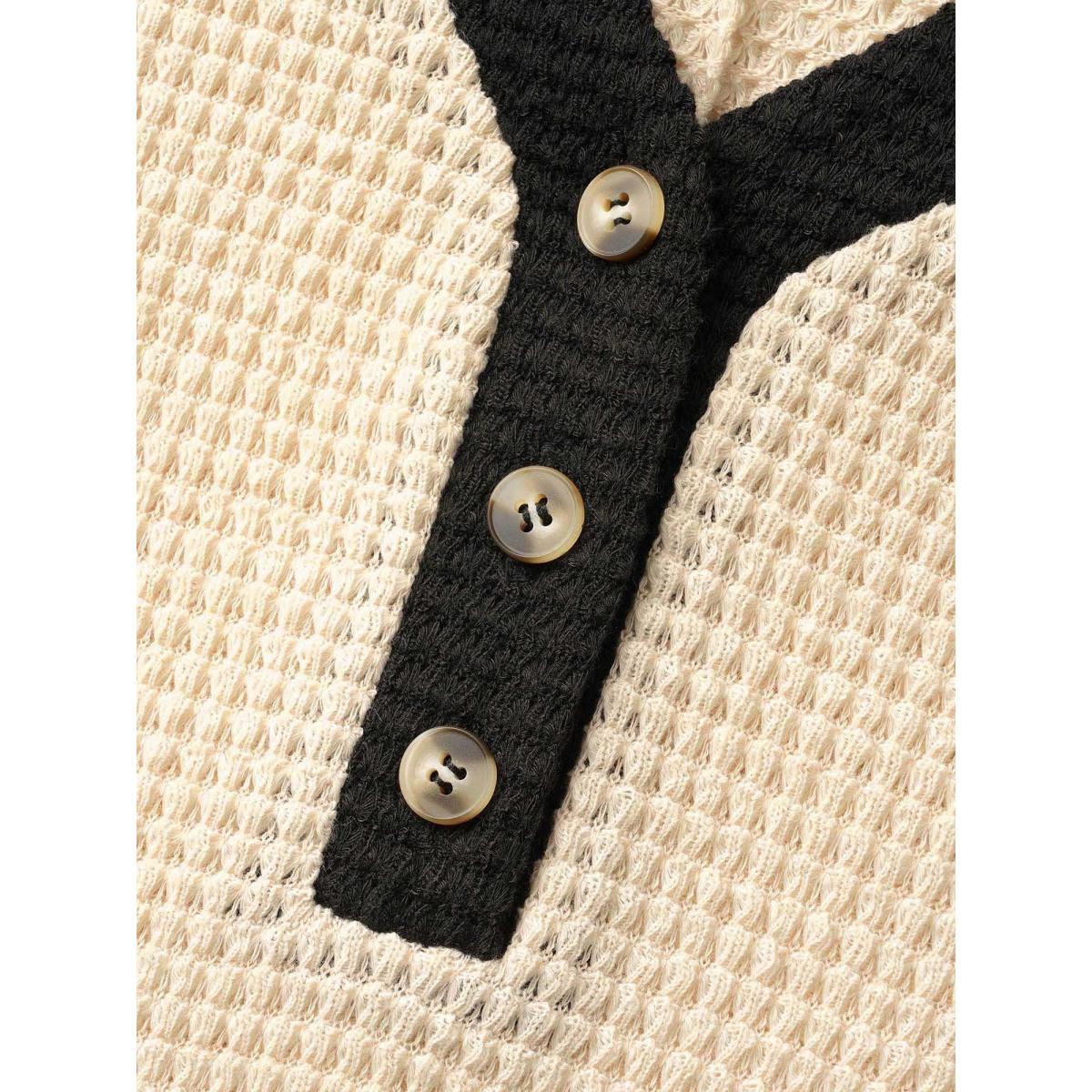 Plus Size V Neck Contrast Button Detail Knit T-shirt Apricot Women Leisure Texture V-neck Casual T-shirts BloomChic 22-24/3X Product Image