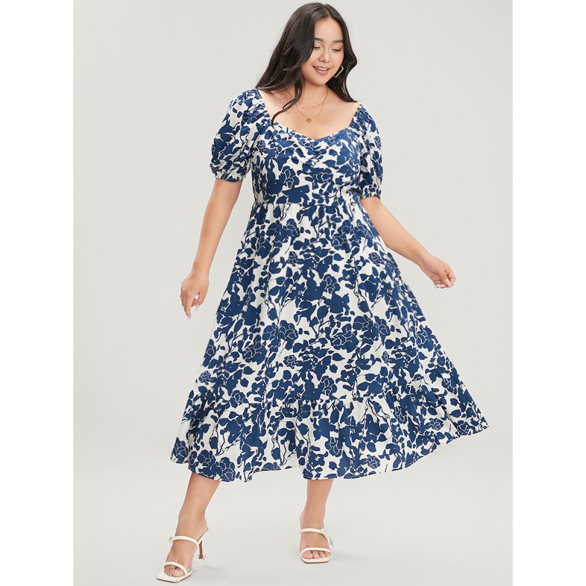 Plus Size Floral Print Pocket Puff Sleeve Ruched Pocket Ruffle Hem Dress DarkBlue Women Elegant Pocket V-neck Short sleeve Curvy Midi Dress BloomChic 30/6X Product Image